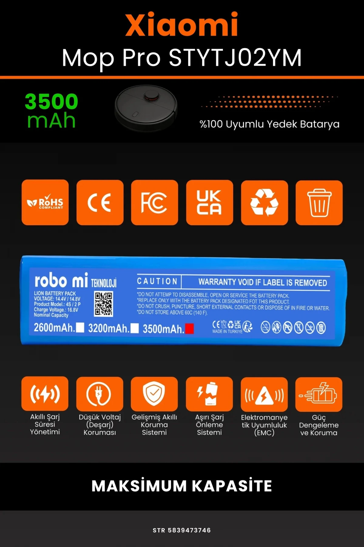 Xiaomi Mi Vacuum Mop Pro 3500mAh Robot Süpürge Bataryası - Gerçek Kapasite, Maksimum Güvenlik