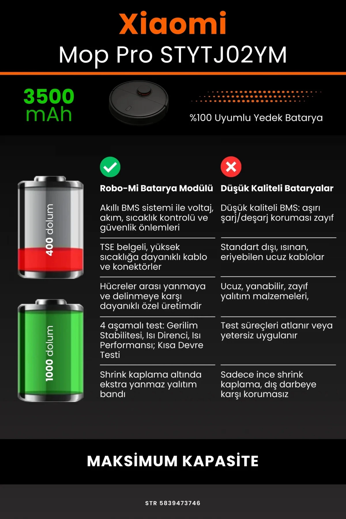 Xiaomi Mi Vacuum Mop Pro 3500mAh Robot Süpürge Bataryası - Gerçek Kapasite, Maksimum Güvenlik