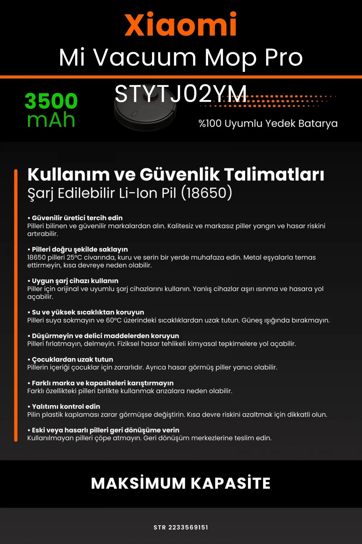 Xiaomi Mi Vacuum Mop Pro 3500mAh Robot Süpürge Bataryası - Gerçek Kapasite, Maksimum Güvenlik