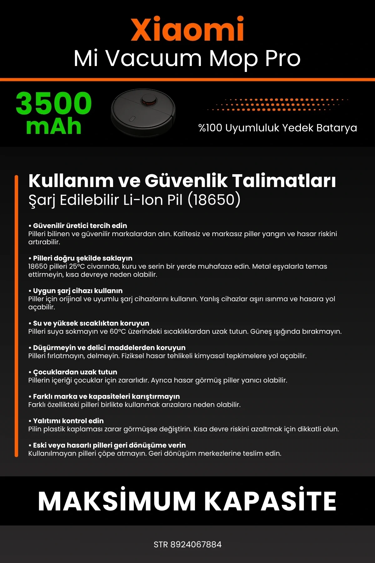 Xiaomi Mi Vacuum Mop Pro 3500mAh Robot Süpürge Bataryası - Gerçek Kapasite, Maksimum Güvenlik