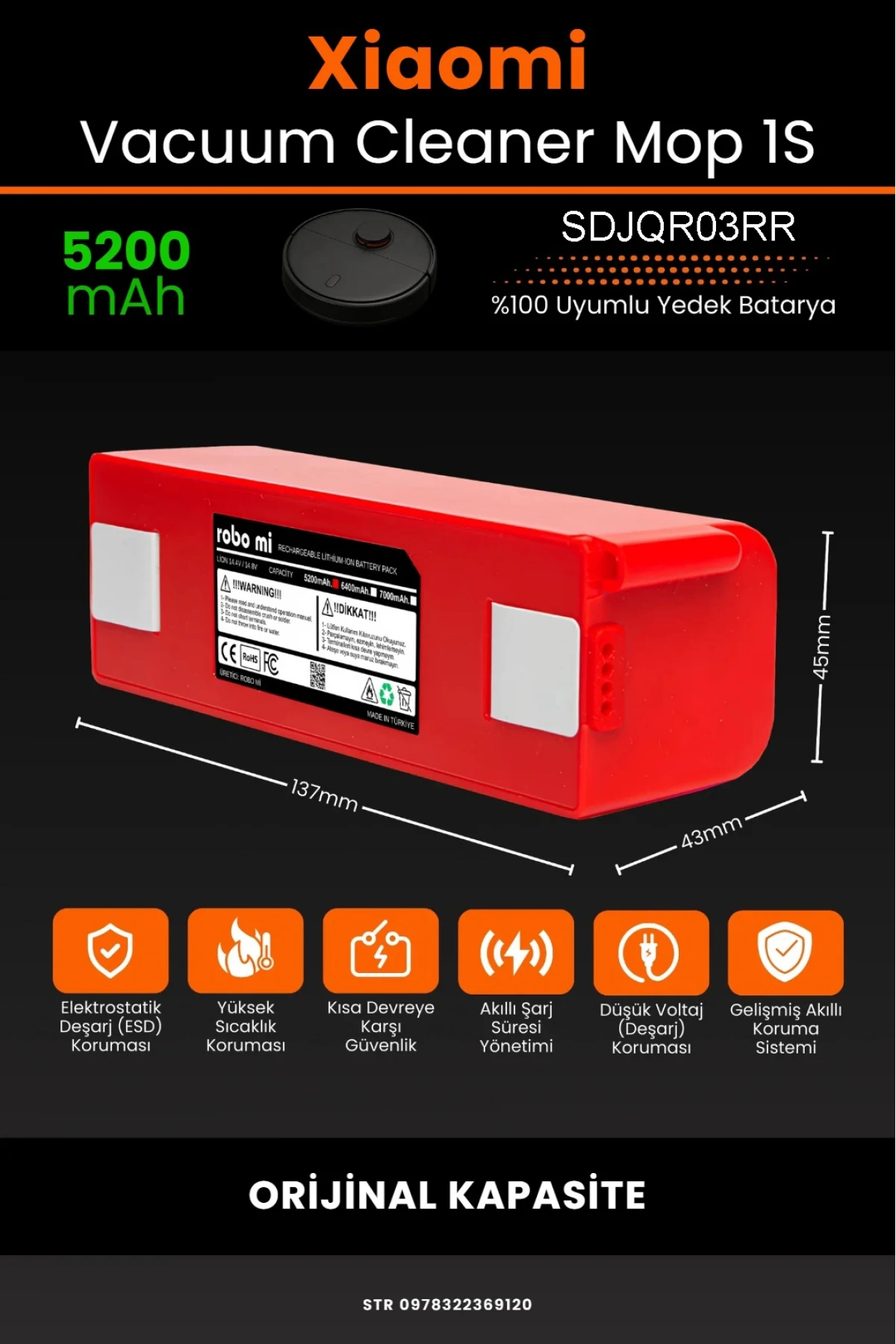 Xiaomi Mijia Mop 1S SDJQR03RR Uyumlu 5200mAh Robot Süpürge Bataryası – Orijinal Box - Orijinal Kapasite