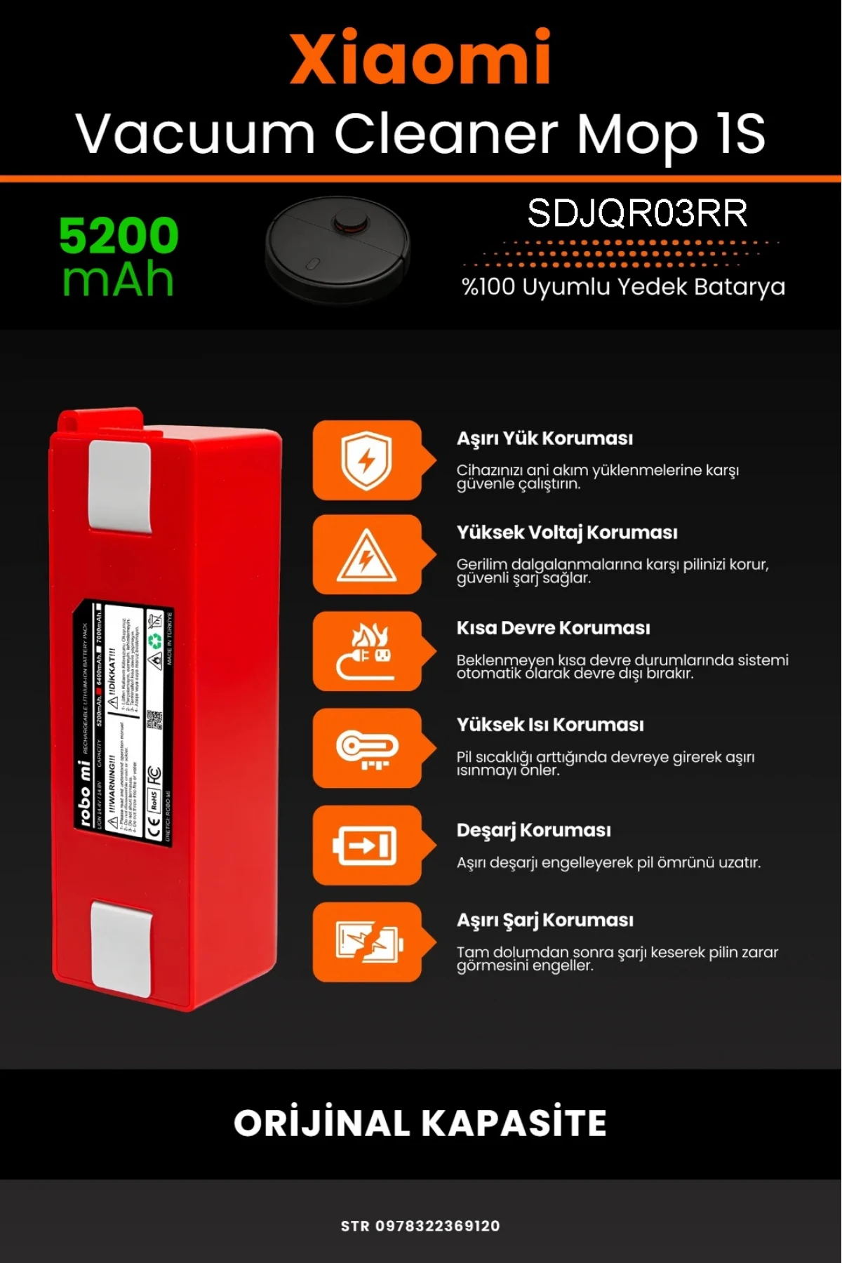 Xiaomi Mijia Mop 1S SDJQR03RR Uyumlu 5200mAh Robot Süpürge Bataryası – Orijinal Box - Orijinal Kapasite