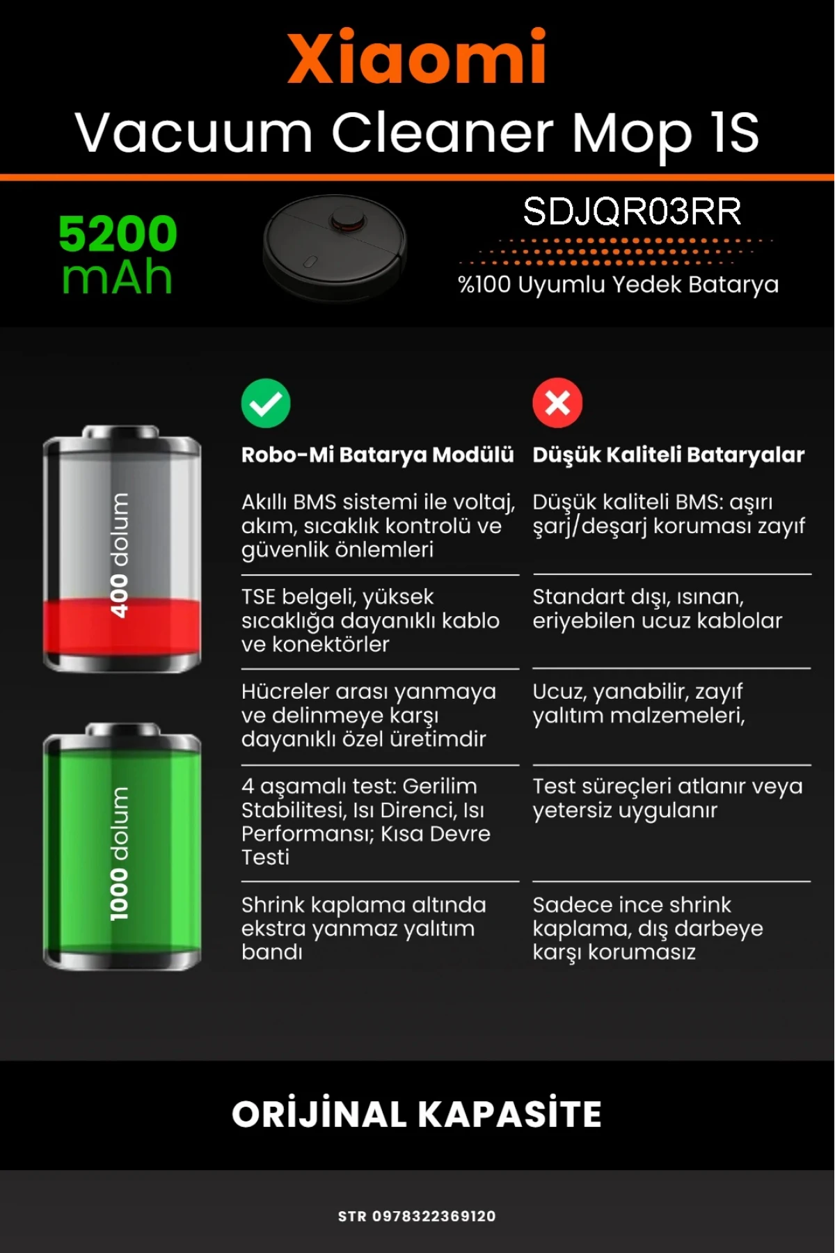Xiaomi Mijia Mop 1S SDJQR03RR Uyumlu 5200mAh Robot Süpürge Bataryası – Orijinal Box - Orijinal Kapasite