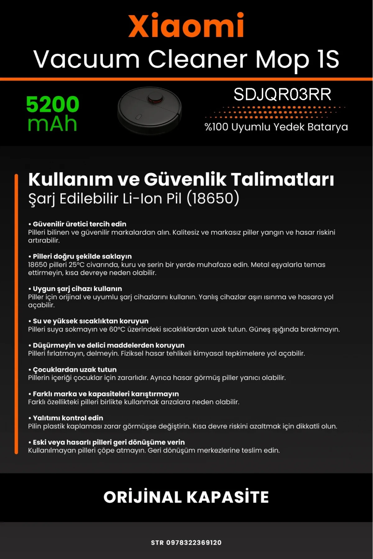 Xiaomi Mijia Mop 1S SDJQR03RR Uyumlu 5200mAh Robot Süpürge Bataryası – Orijinal Box - Orijinal Kapasite