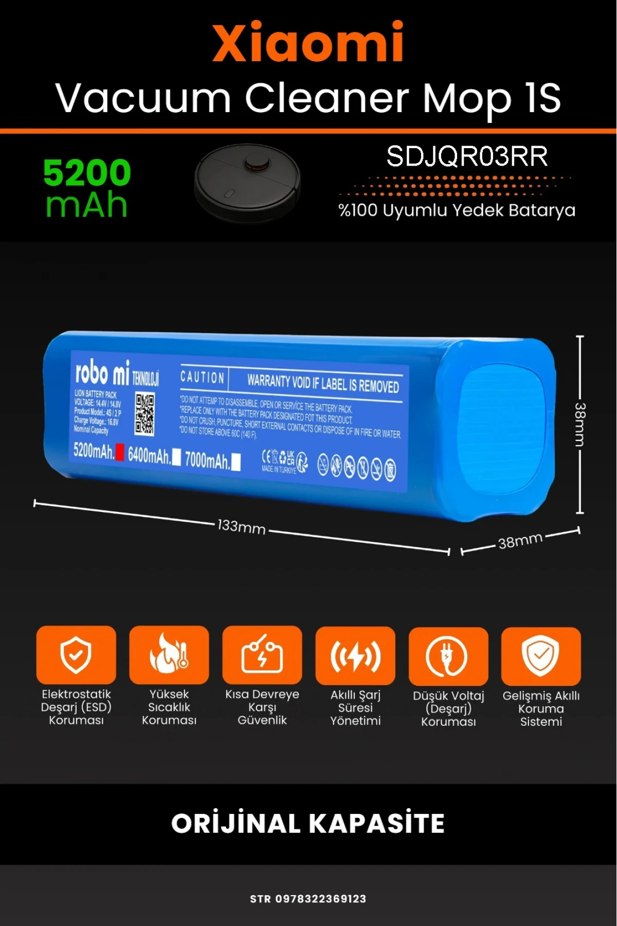 Xiaomi Mijia Mop 1S SDJQR03RR Uyumlu 5200mAh Robot Süpürge Bataryası – Shrink Model - Orijinal Kapasite