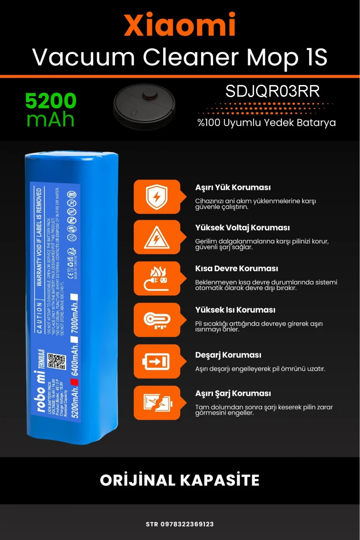 Xiaomi Mijia Mop 1S SDJQR03RR Uyumlu 5200mAh Robot Süpürge Bataryası – Shrink Model - Orijinal Kapasite