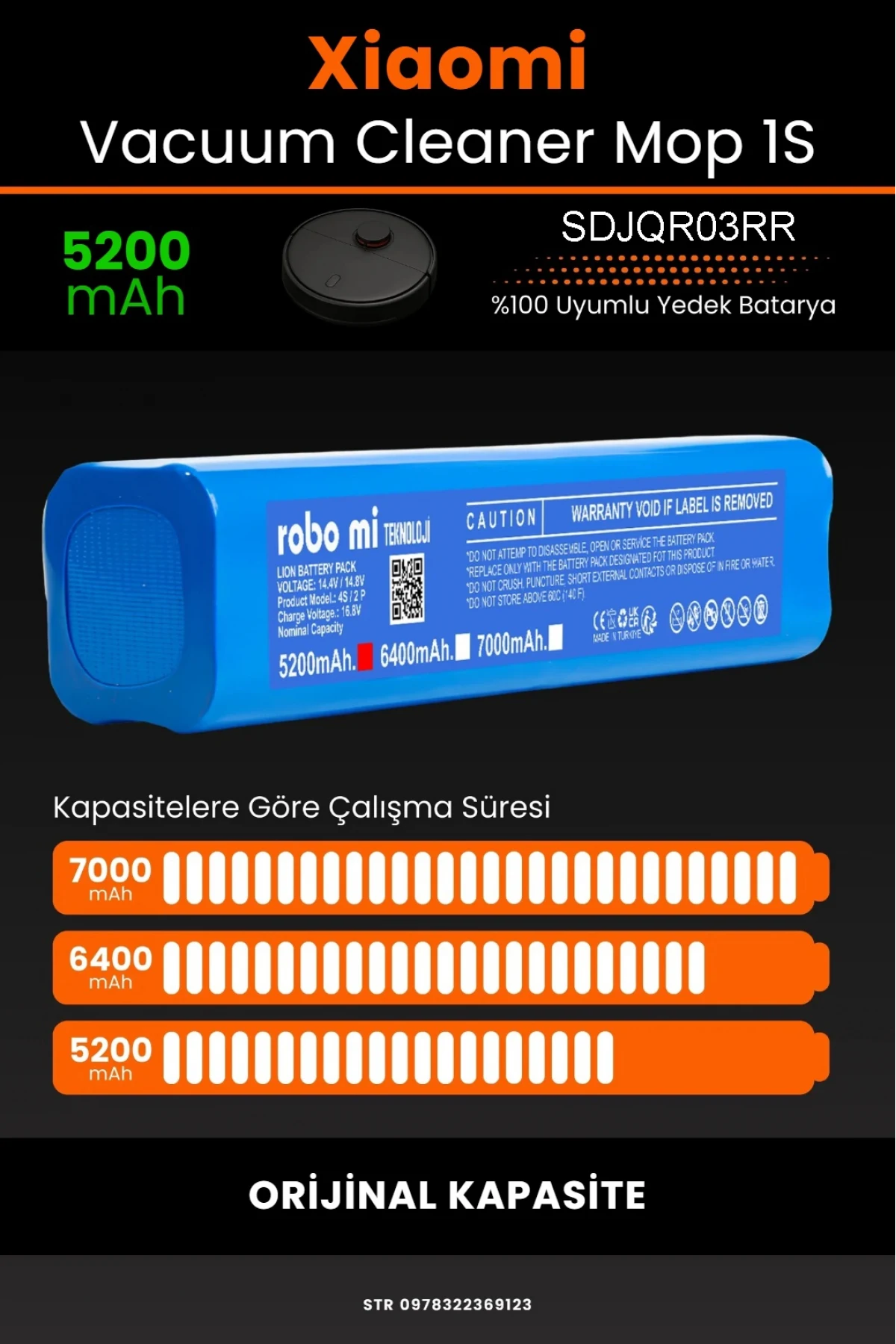 Xiaomi Mijia Mop 1S SDJQR03RR Uyumlu 5200mAh Robot Süpürge Bataryası – Shrink Model - Orijinal Kapasite