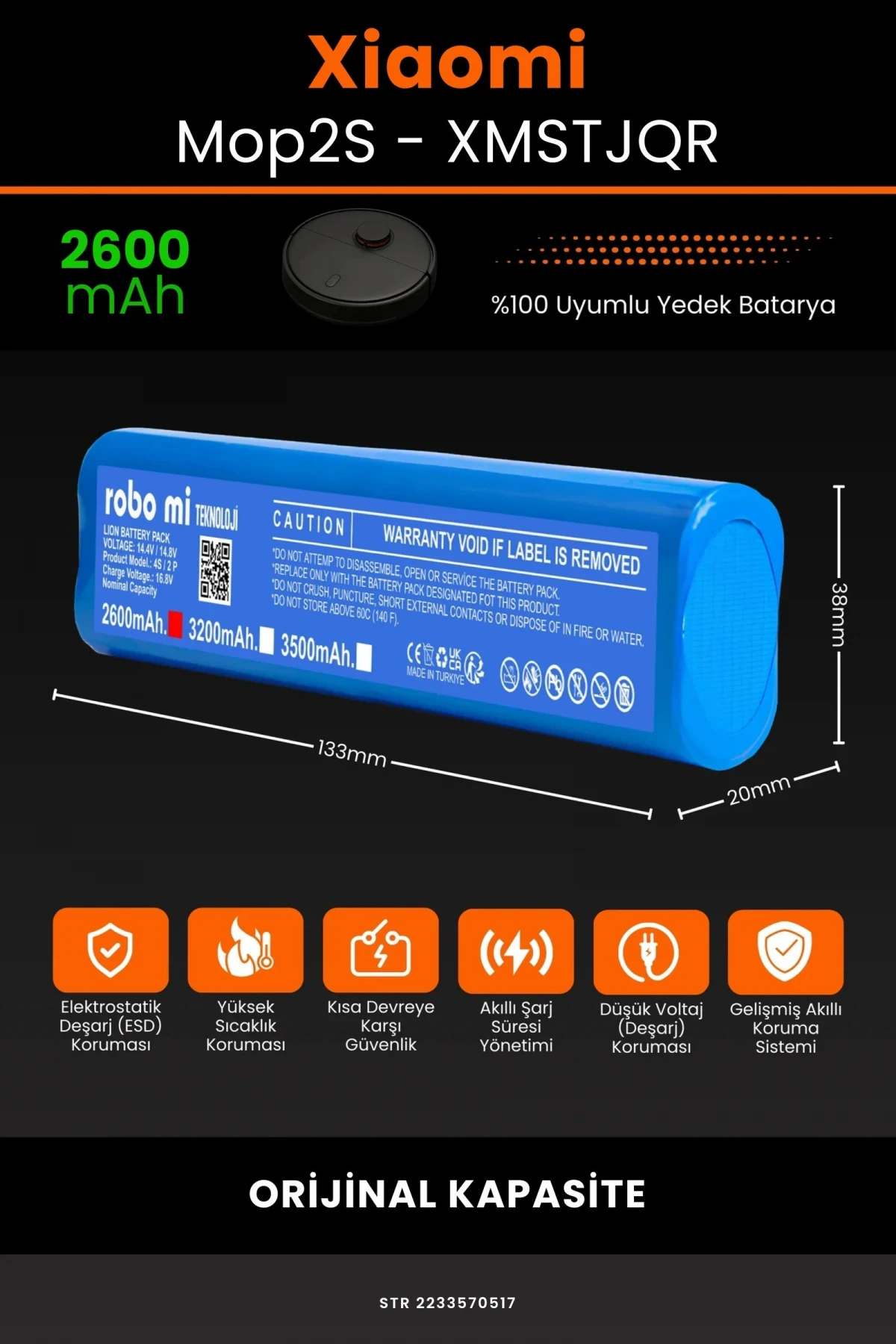 Xiaomi Mop2 S XMSTJQR 2600mAh Robot Süpürge Bataryası - Gerçek Kapasite, Maksimum Güvenlik