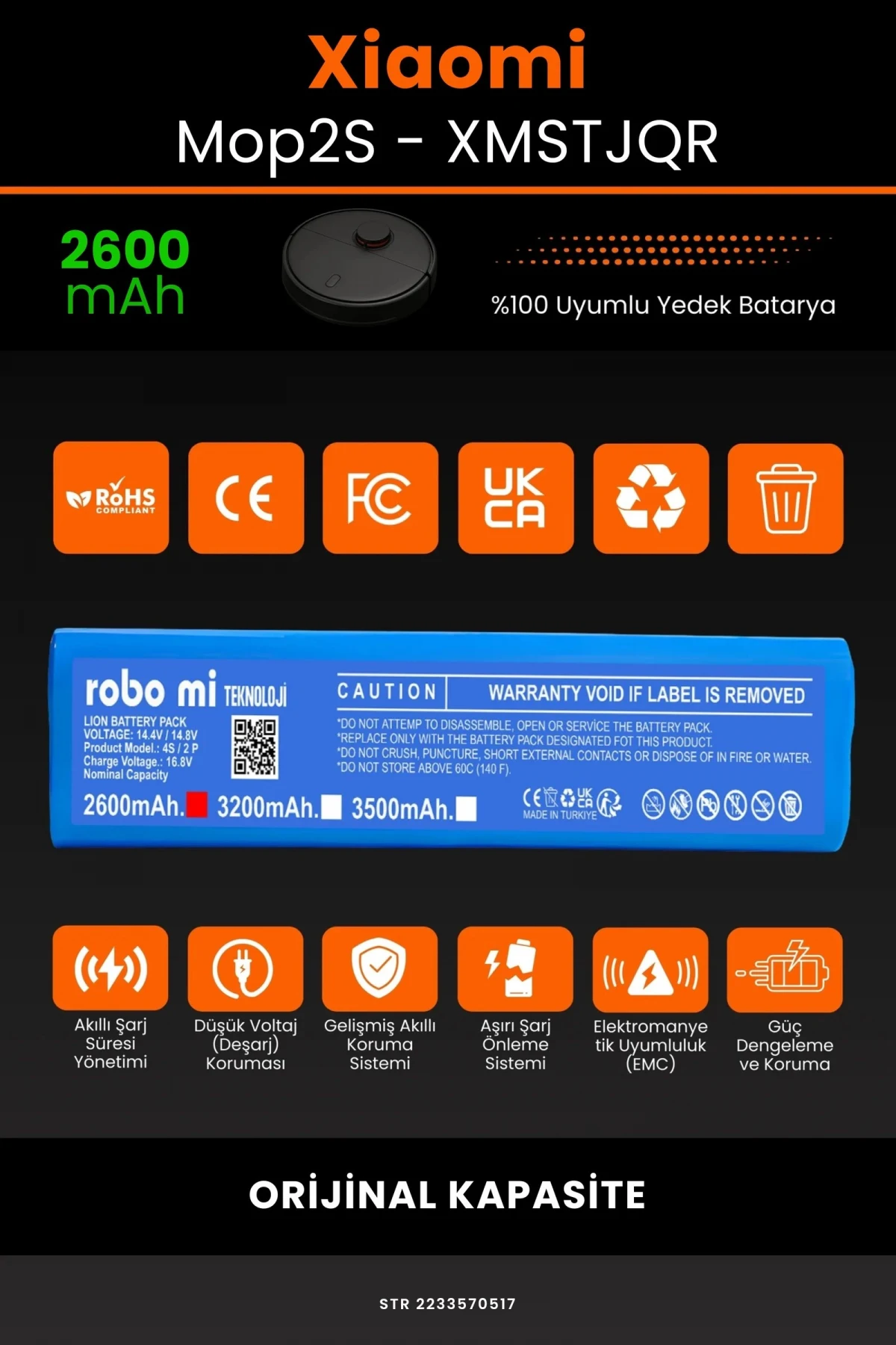 Xiaomi Mop2 S XMSTJQR 2600mAh Robot Süpürge Bataryası - Gerçek Kapasite, Maksimum Güvenlik