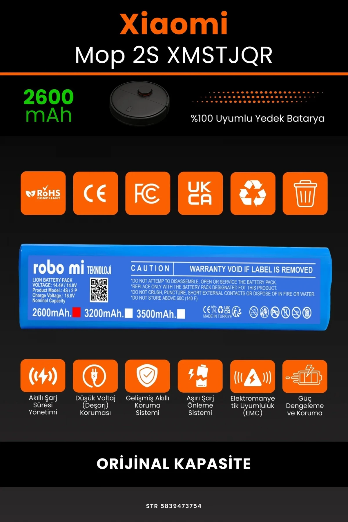 Xiaomi Mop2 S XMSTJQR 2600mAh Robot Süpürge Bataryası - Gerçek Kapasite, Maksimum Güvenlik