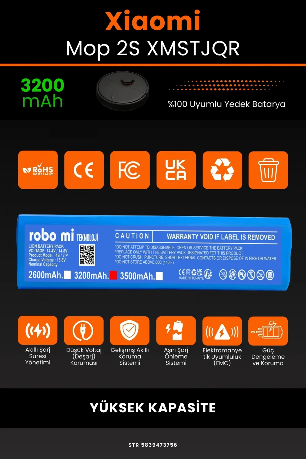 Xiaomi Mop2 S XMSTJQR 3200mAh Robot Süpürge Bataryası - Gerçek Kapasite, Maksimum Güvenlik