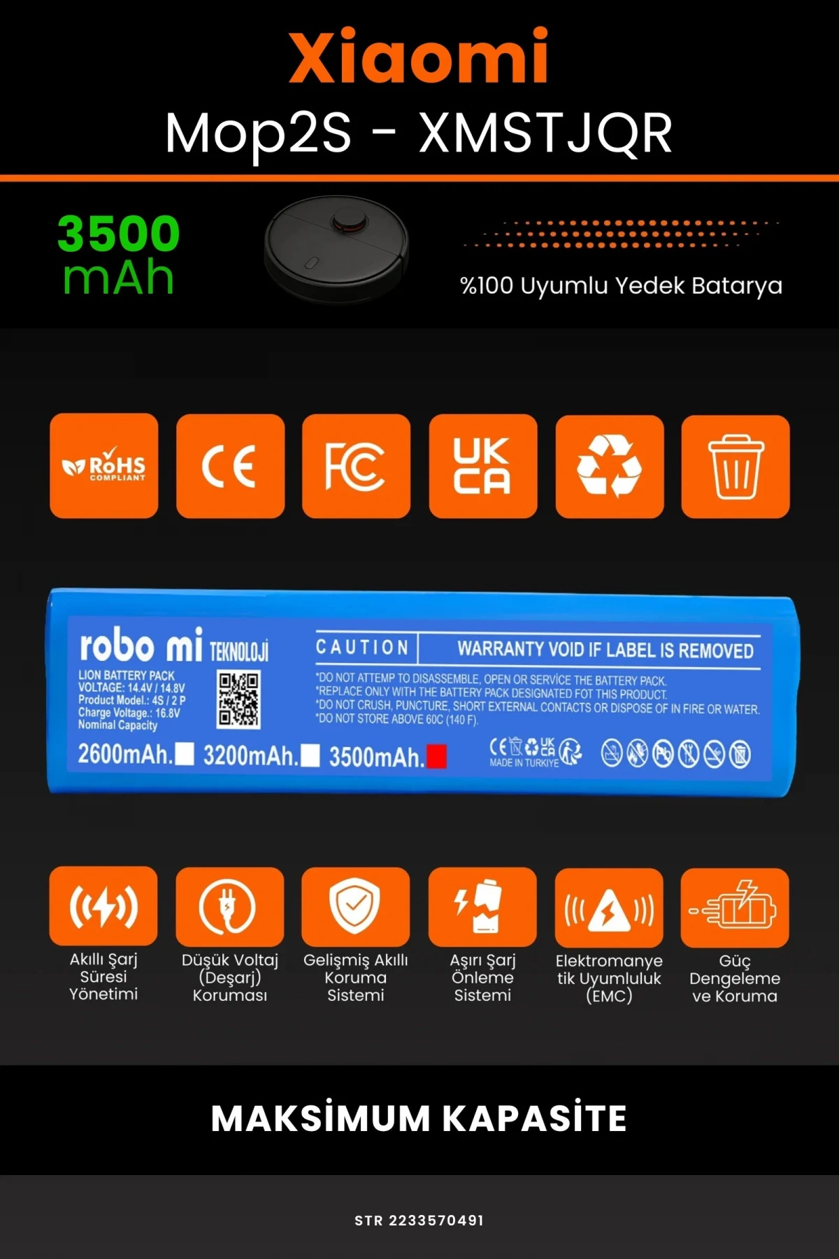 Xiaomi Mop2 S XMSTJQR 3500mAh Robot Süpürge Bataryası - Gerçek Kapasite, Maksimum Güvenlik
