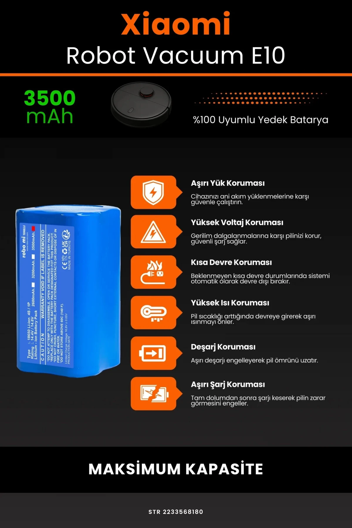 Xiaomi Robot Vacuum E10 3500mAh Robot Süpürge Bataryası - Gerçek Kapasite, Maksimum Güvenlik