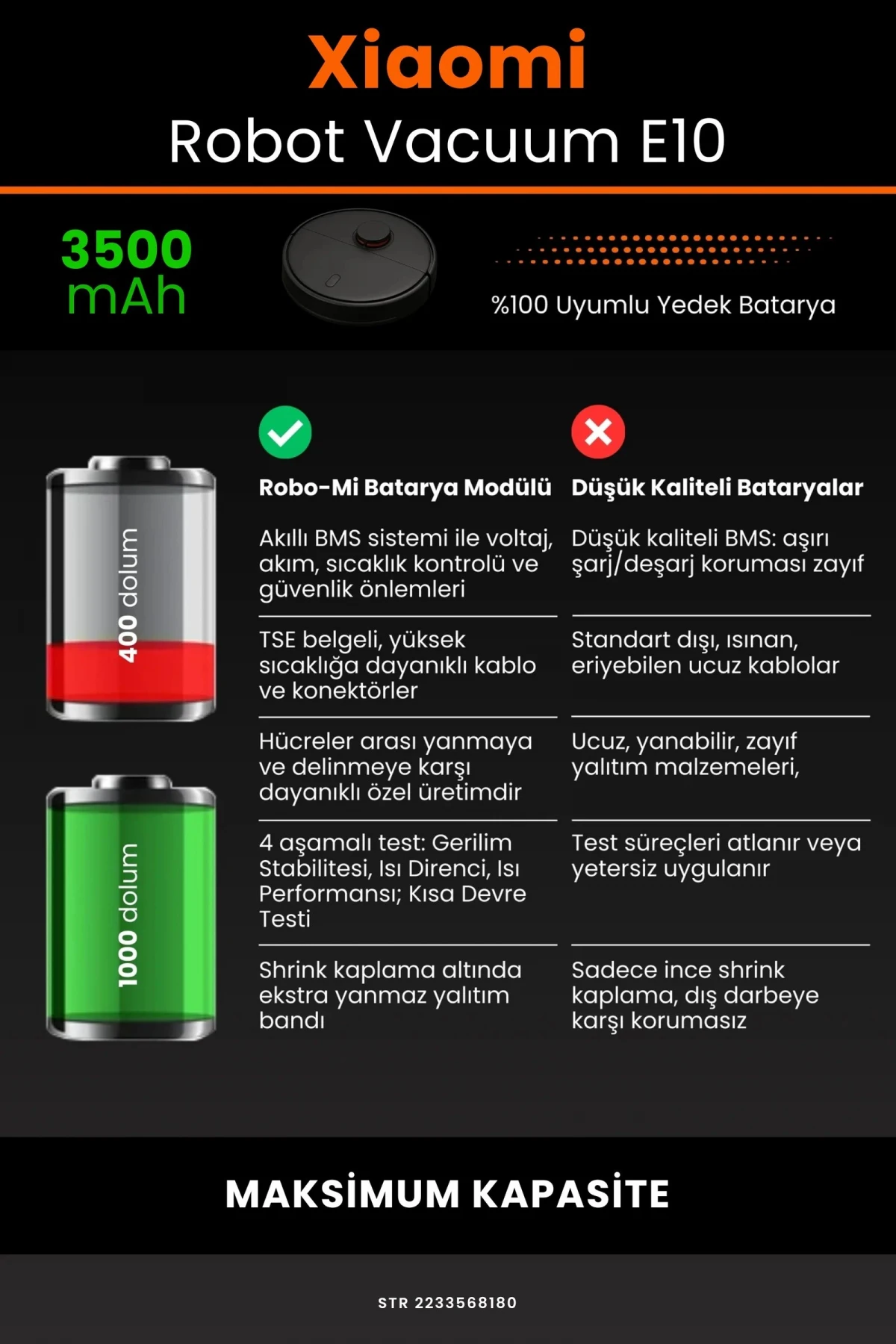 Xiaomi Robot Vacuum E10 3500mAh Robot Süpürge Bataryası - Gerçek Kapasite, Maksimum Güvenlik