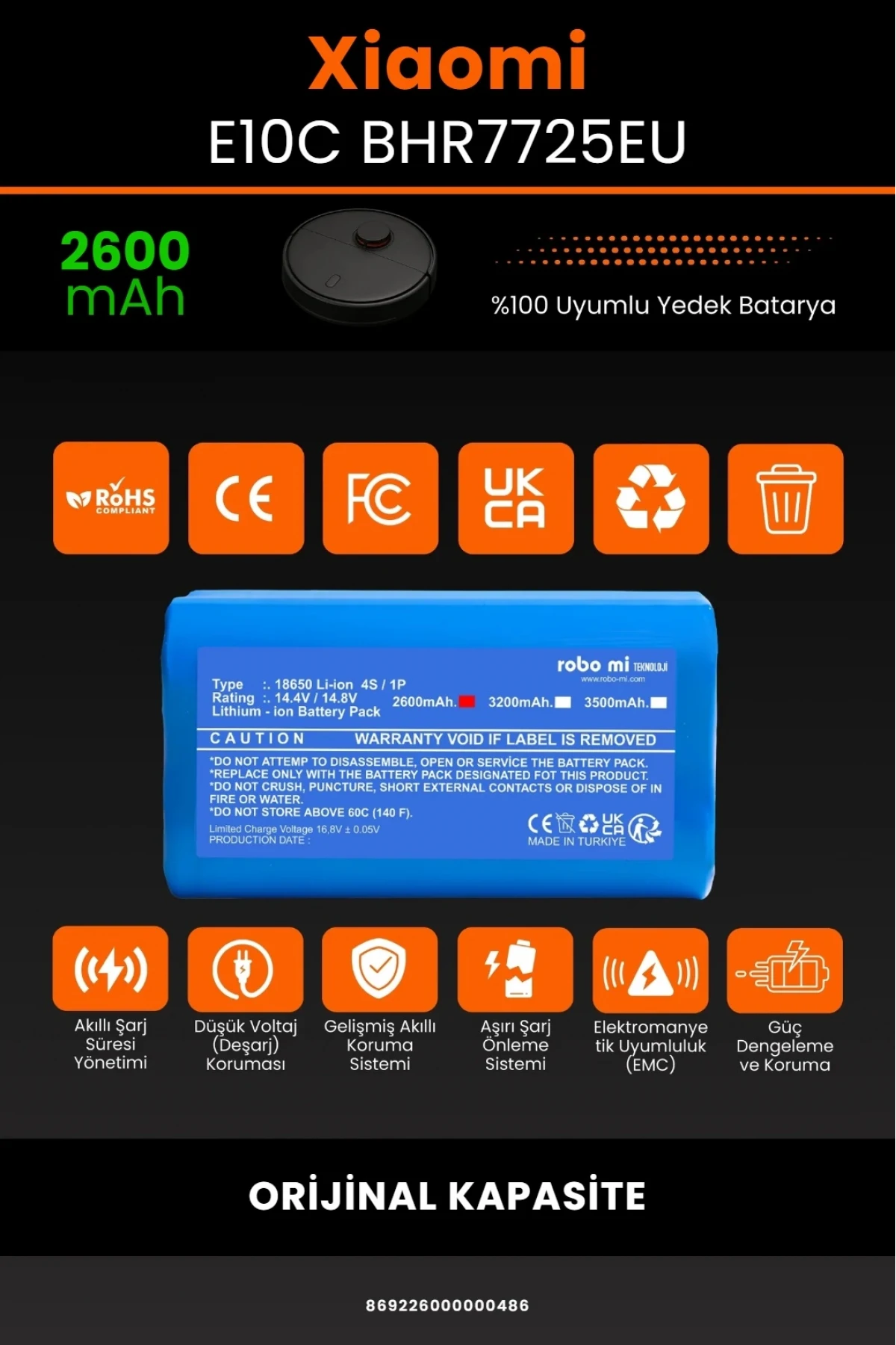 Xiaomi Robot Vacuum E10C B112 / BHR7725EU Uyumlu 2600mAh Robot Süpürge Bataryası - Orijinal Kapasite