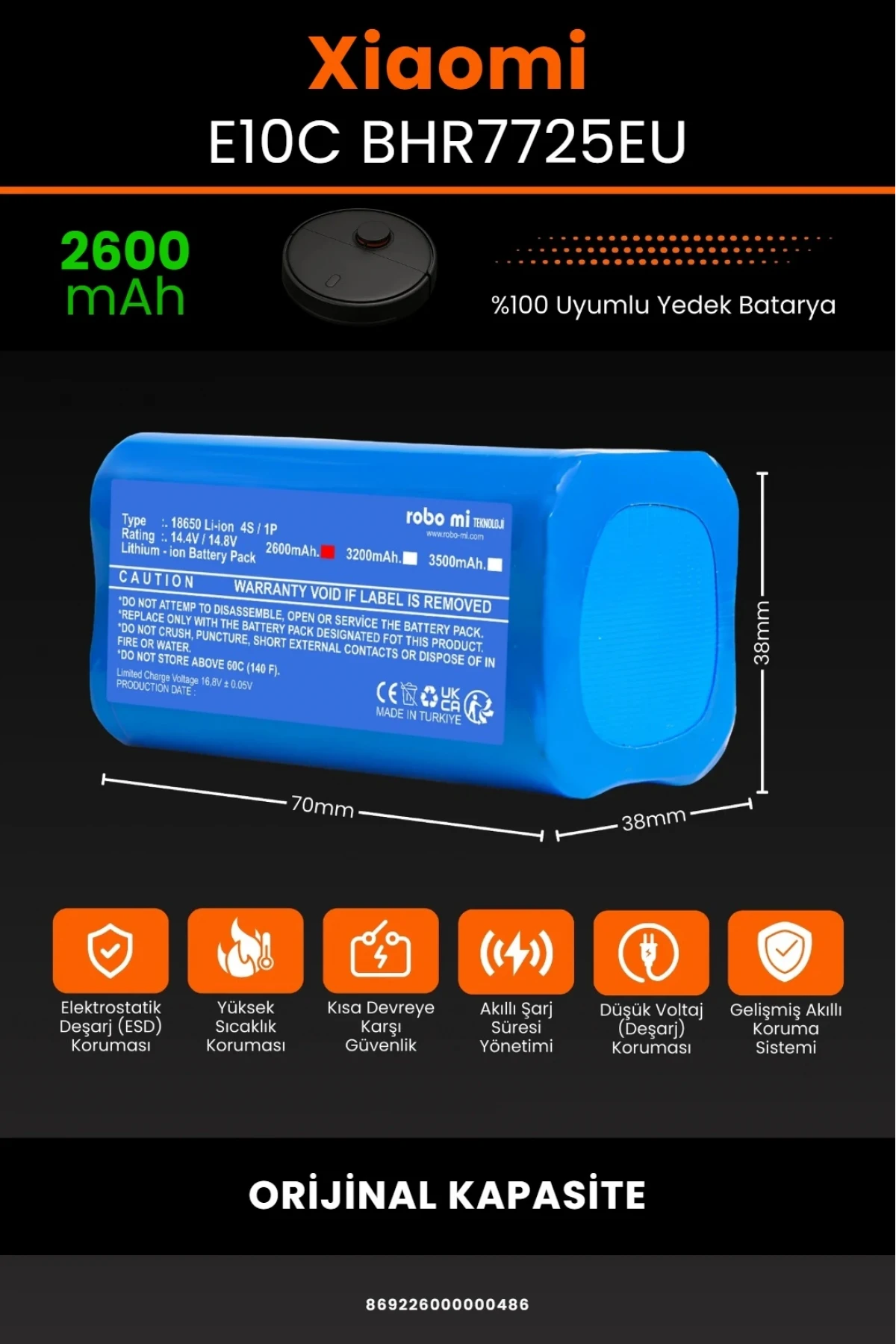 Xiaomi Robot Vacuum E10C B112 / BHR7725EU Uyumlu 2600mAh Robot Süpürge Bataryası - Orijinal Kapasite