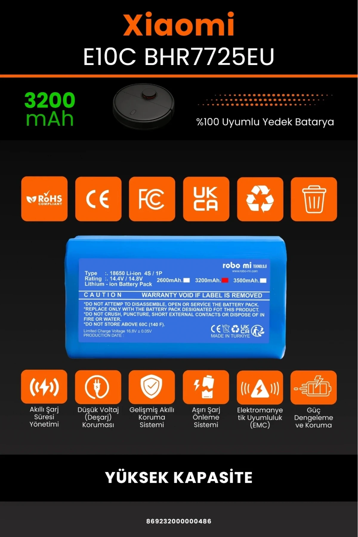 Xiaomi Robot Vacuum E10C B112 / BHR7725EU Uyumlu 3200mAh Robot Süpürge Bataryası - Yüksek Kapasite