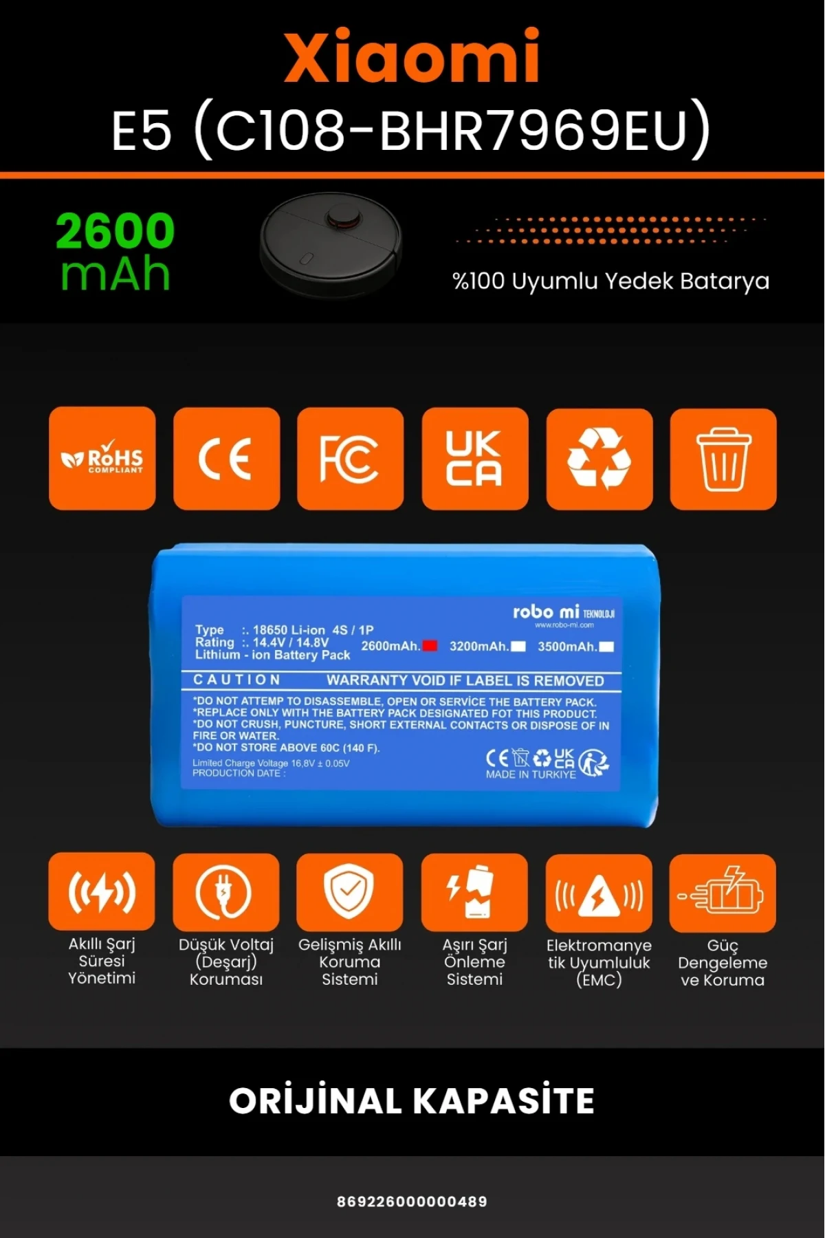 Xiaomi Robot Vacuum E5 - C108-BHR7969EU - Uyumlu 2600mAh Robot Süpürge Bataryası - Orijinal Kapasite