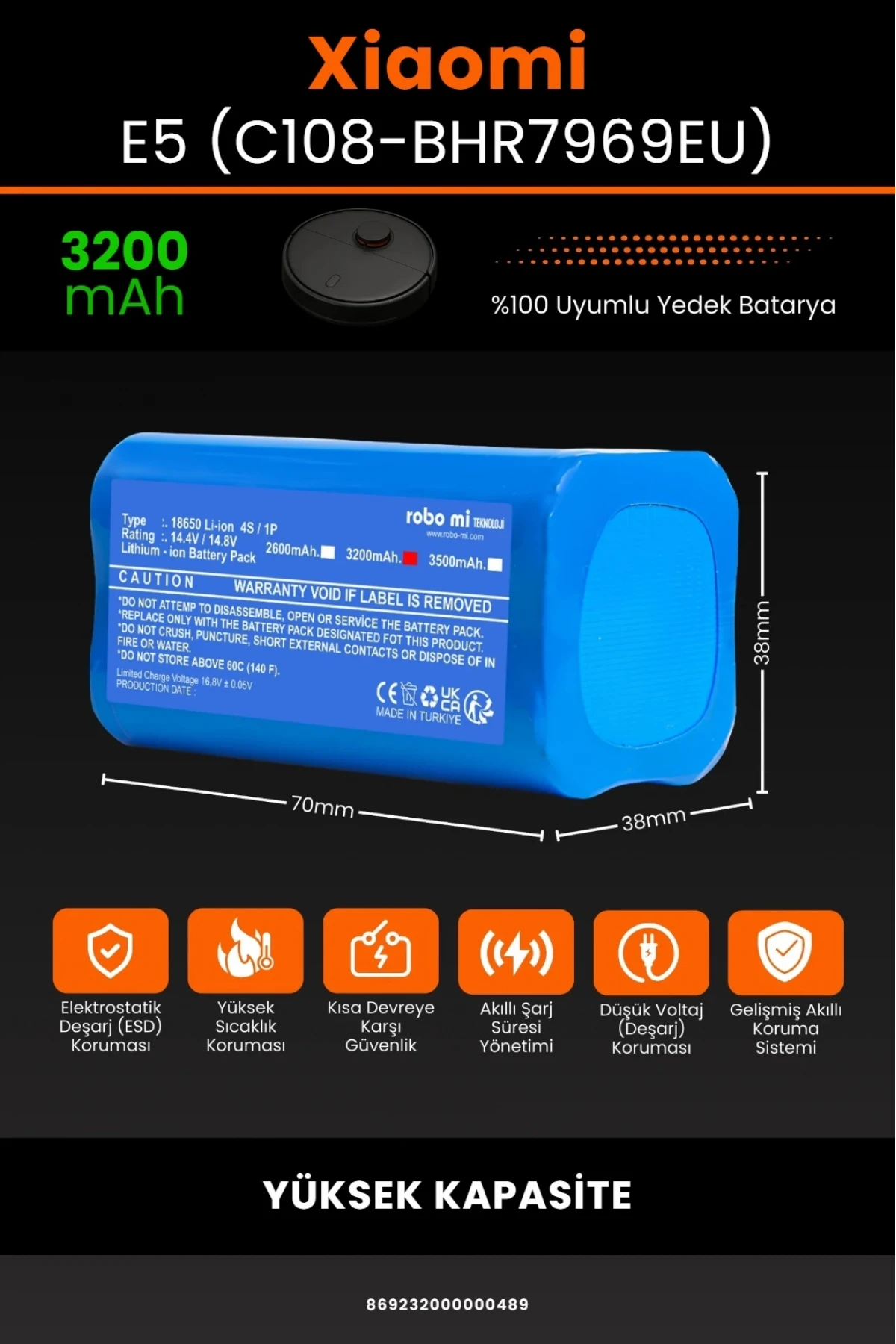 Xiaomi Robot Vacuum E5 - C108-BHR7969EU Uyumlu 3200mAh Robot Süpürge Bataryası - Yüksek Kapasite