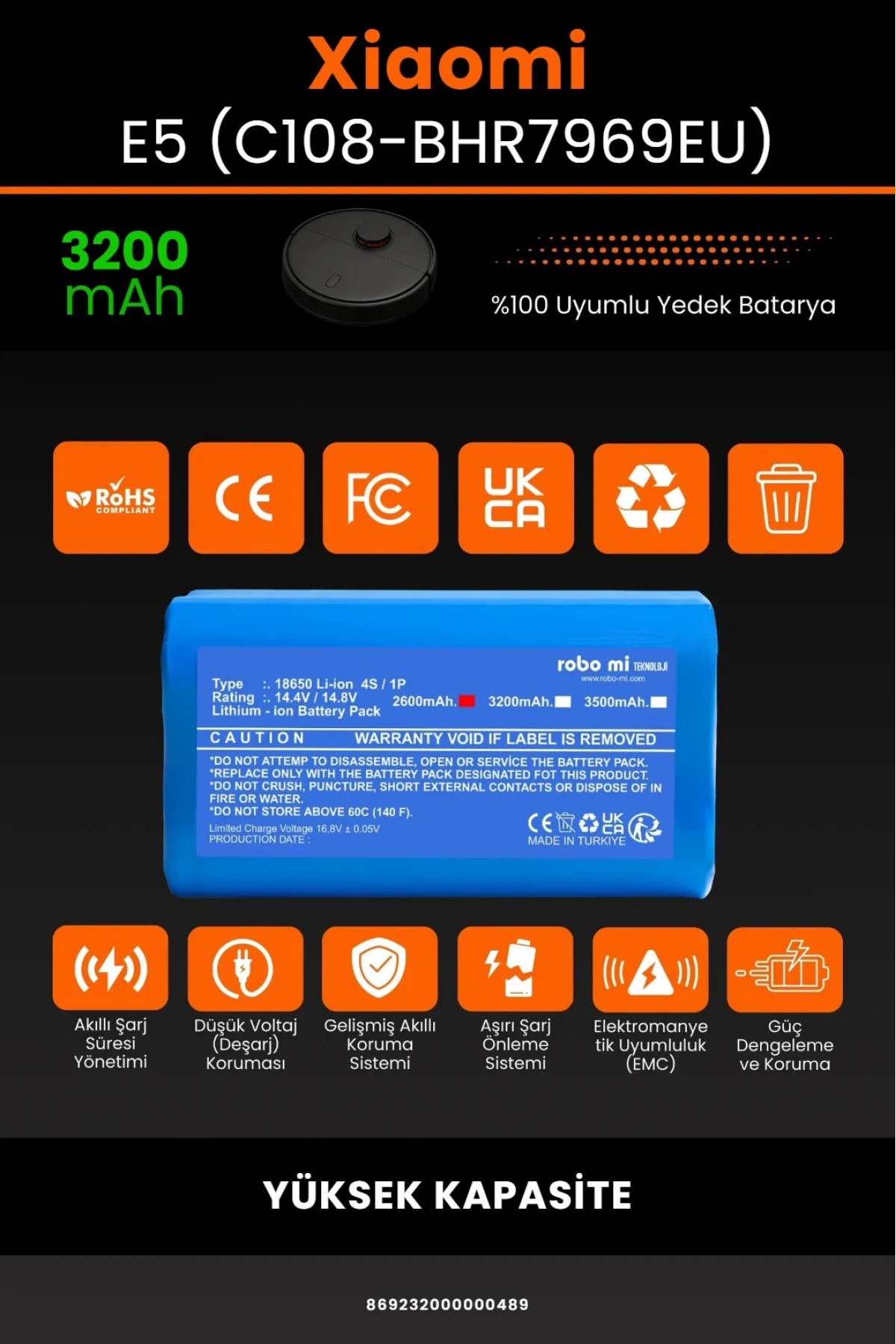 Xiaomi Robot Vacuum E5 - C108-BHR7969EU Uyumlu 3200mAh Robot Süpürge Bataryası - Yüksek Kapasite