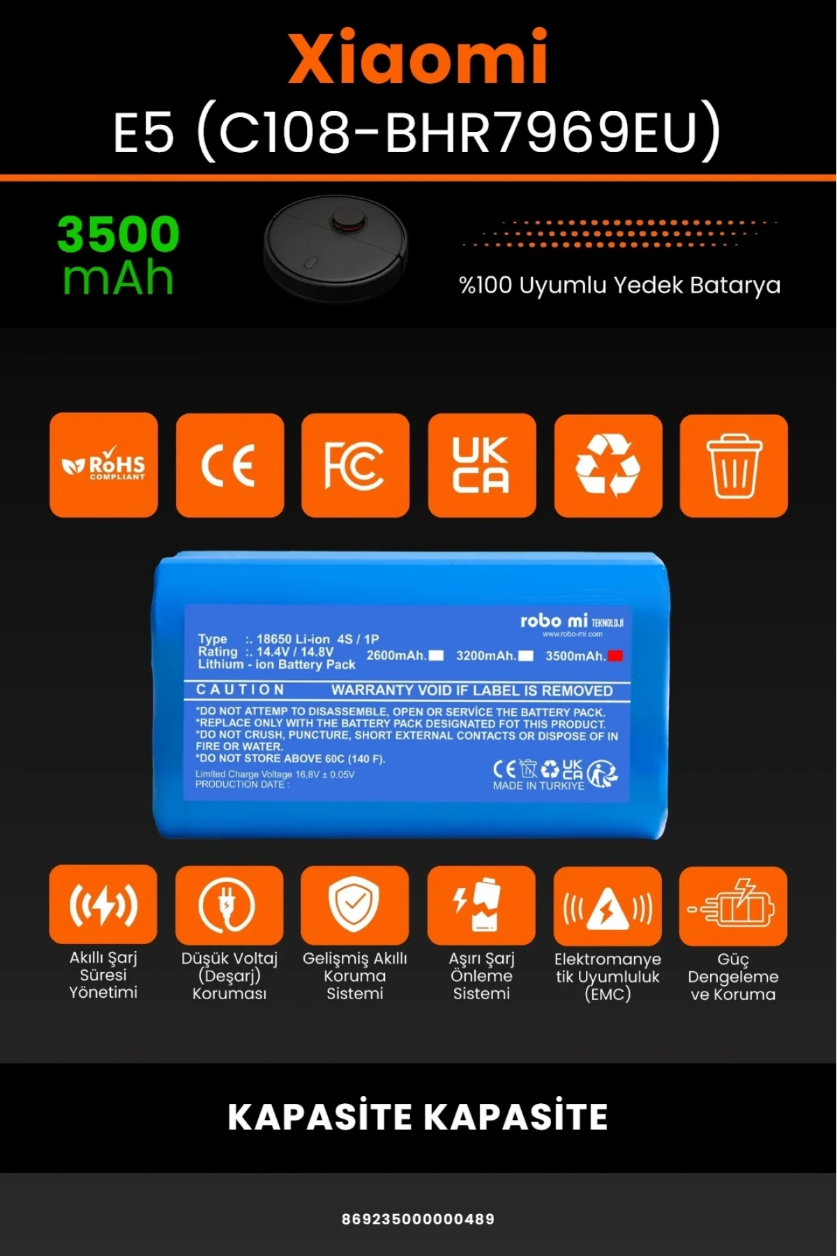 Xiaomi Robot Vacuum E5 - C108-BHR7969EU Uyumlu 3500mAh Robot Süpürge Bataryası - Maksimum Kapasite