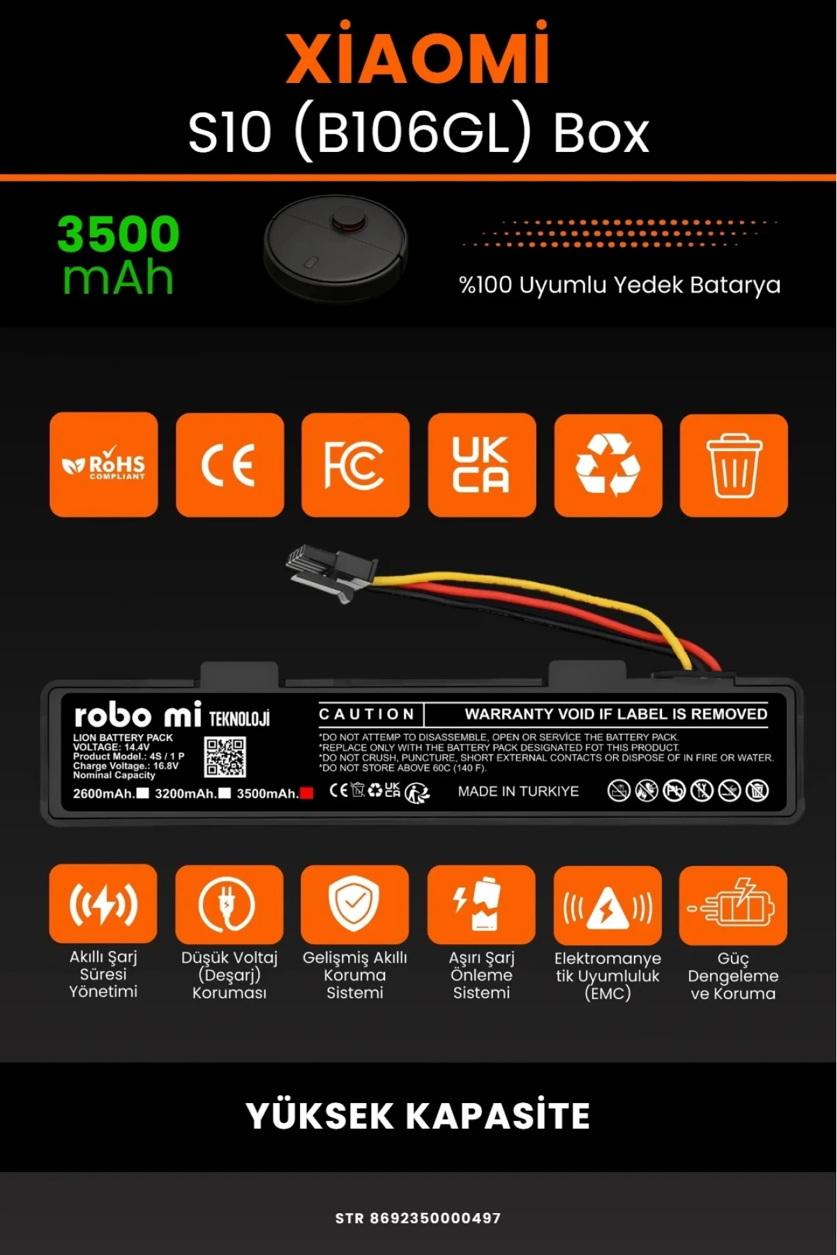 Xiaomi Robot Vacuum S10 (B106GL) Uyumlu 3200mAh Orijinal Box Robot Süpürge Bataryası - Orijinal Kapasite