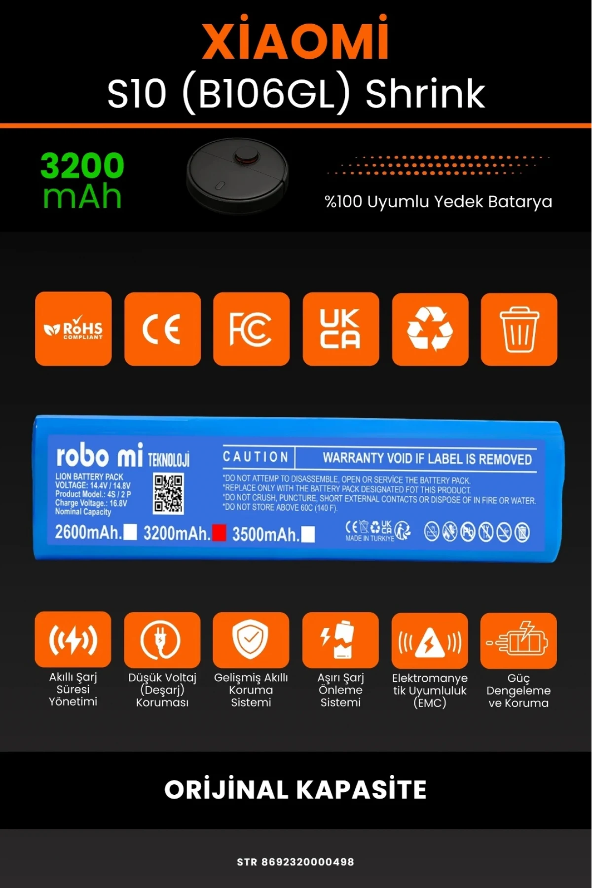 Xiaomi Robot Vacuum S10 (B106GL) Uyumlu 3200mAh Shrink Model Robot Süpürge Bataryası - Orijinal Kapasite