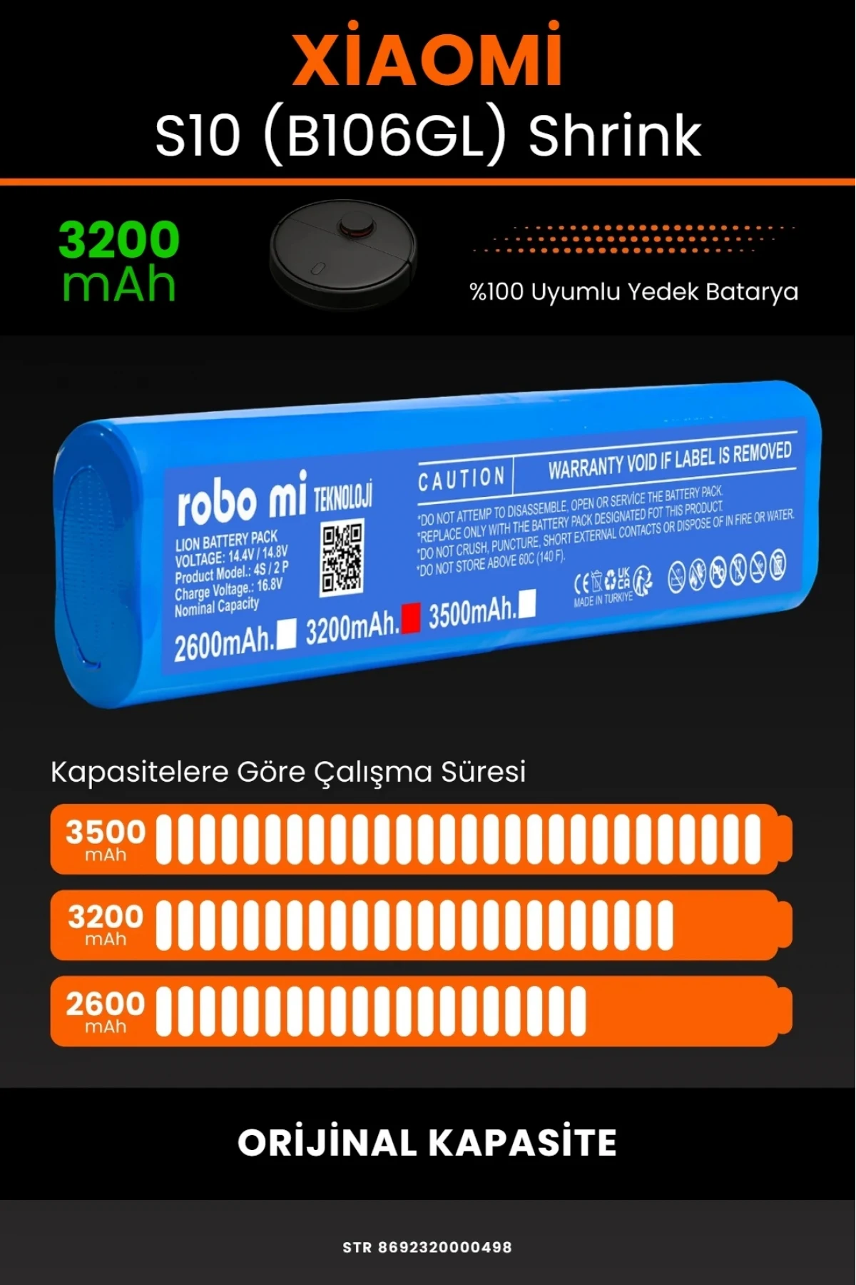 Xiaomi Robot Vacuum S10 (B106GL) Uyumlu 3200mAh Shrink Model Robot Süpürge Bataryası - Orijinal Kapasite