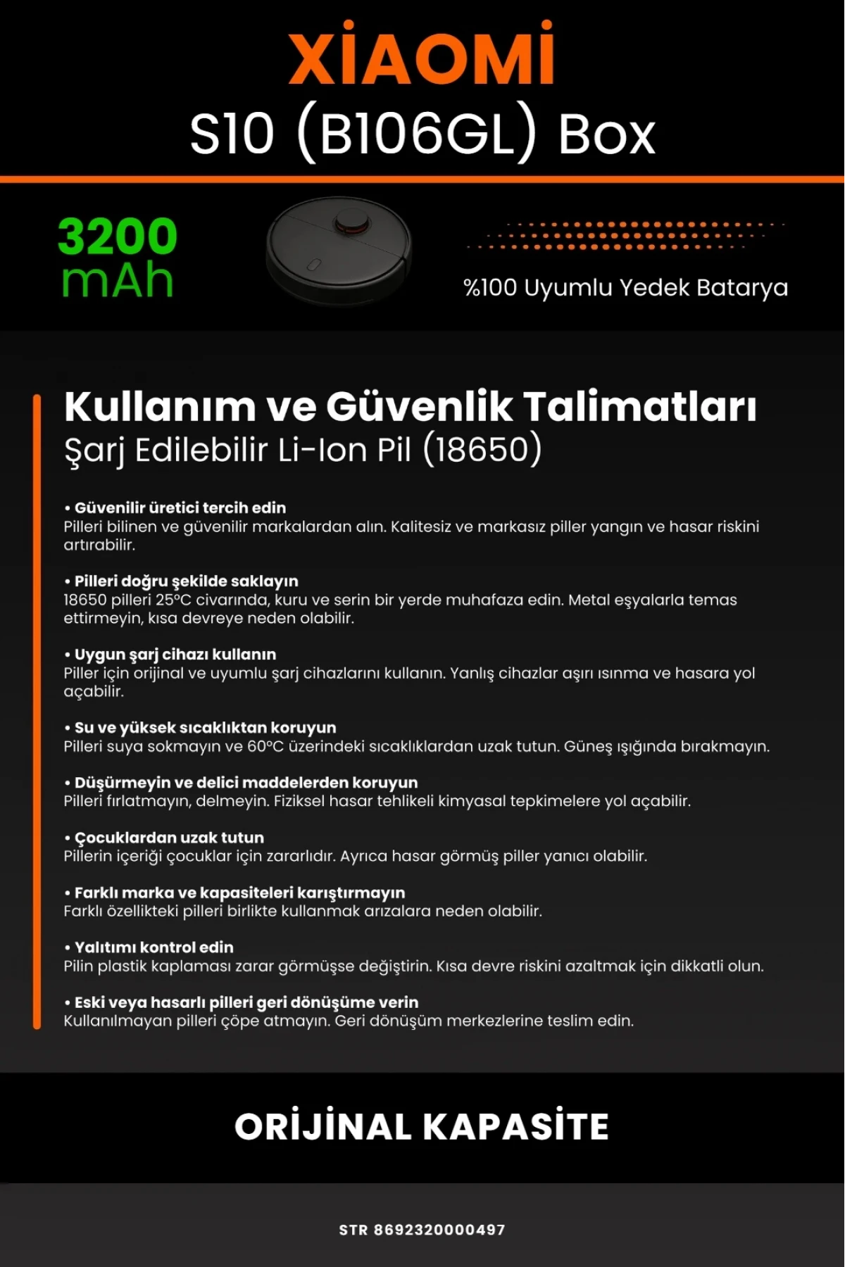 Xiaomi Robot Vacuum S10 (B106GL) Uyumlu 3500mAh Orijinal Box Robot Süpürge Bataryası - Yüksek Kapasite