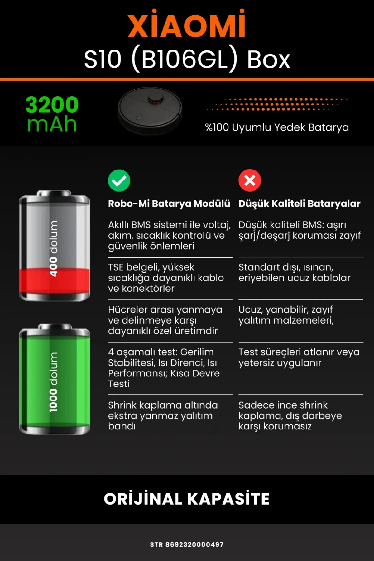 Xiaomi Robot Vacuum S10 (B106GL) Uyumlu 3500mAh Orijinal Box Robot Süpürge Bataryası - Yüksek Kapasite