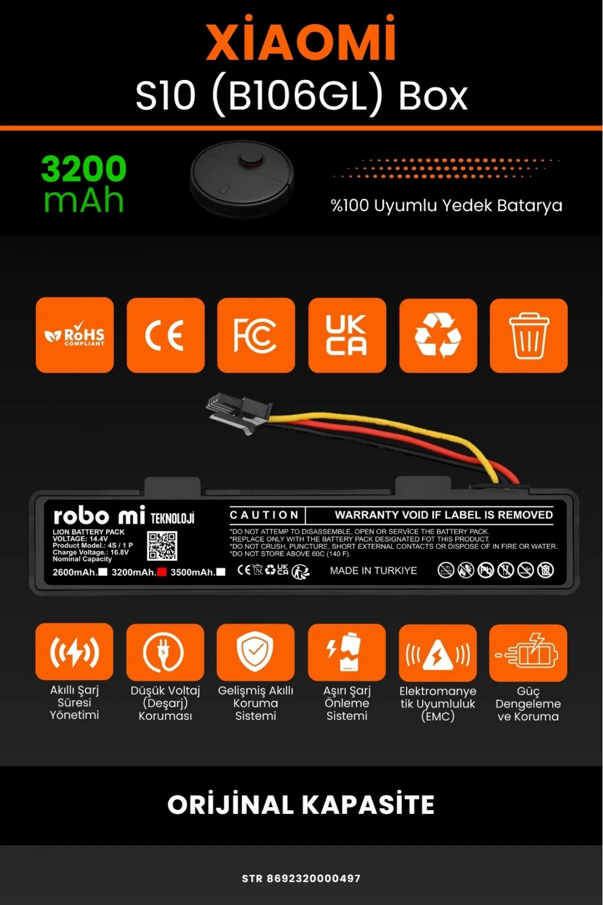 Xiaomi Robot Vacuum S10 (B106GL) Uyumlu 3500mAh Orijinal Box Robot Süpürge Bataryası - Yüksek Kapasite