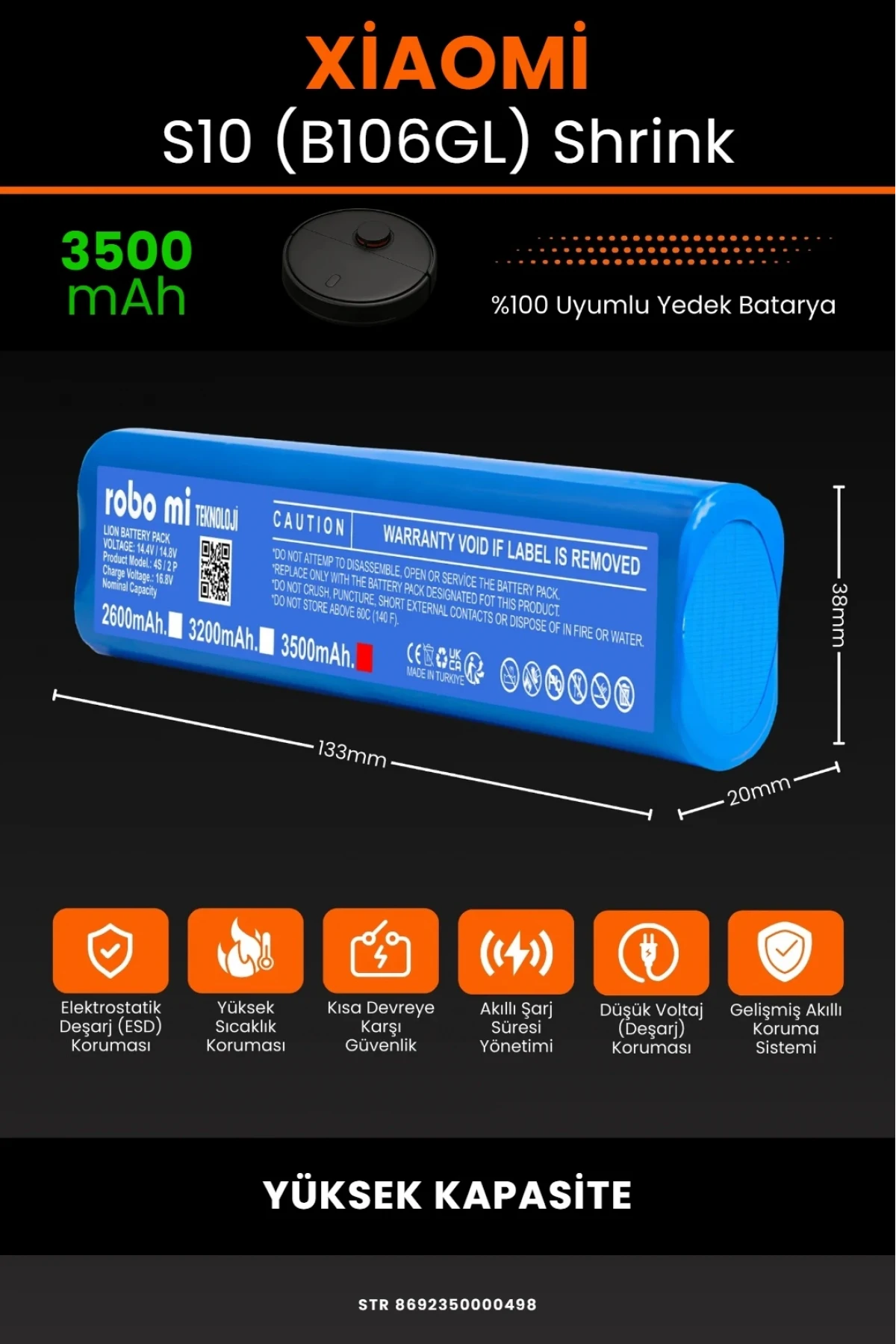 Xiaomi Robot Vacuum S10 (B106GL) Uyumlu 3500mAh Shrink Model Robot Süpürge Bataryası - Yüksek Kapasite