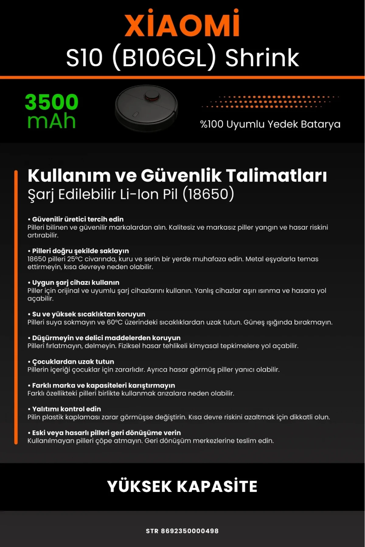 Xiaomi Robot Vacuum S10 (B106GL) Uyumlu 3500mAh Shrink Model Robot Süpürge Bataryası - Yüksek Kapasite