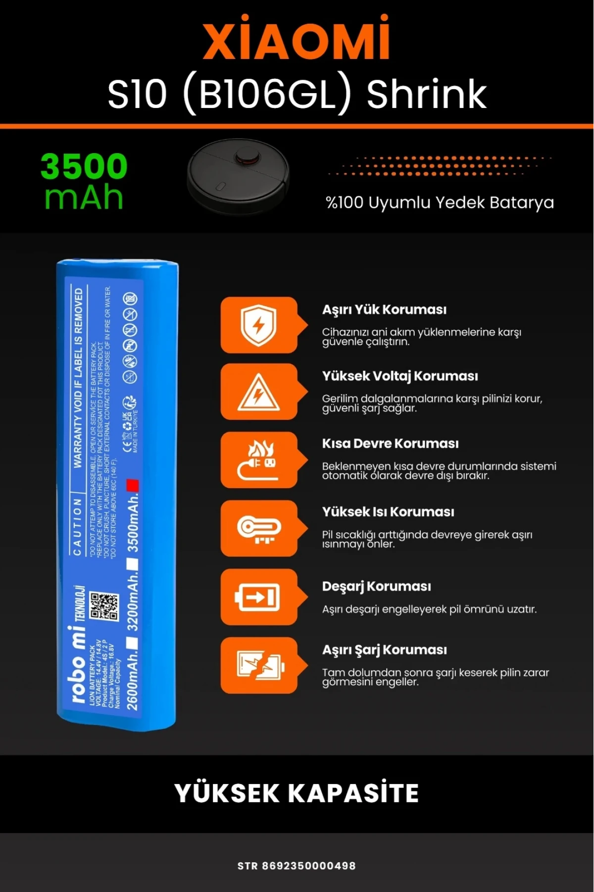 Xiaomi Robot Vacuum S10 (B106GL) Uyumlu 3500mAh Shrink Model Robot Süpürge Bataryası - Yüksek Kapasite