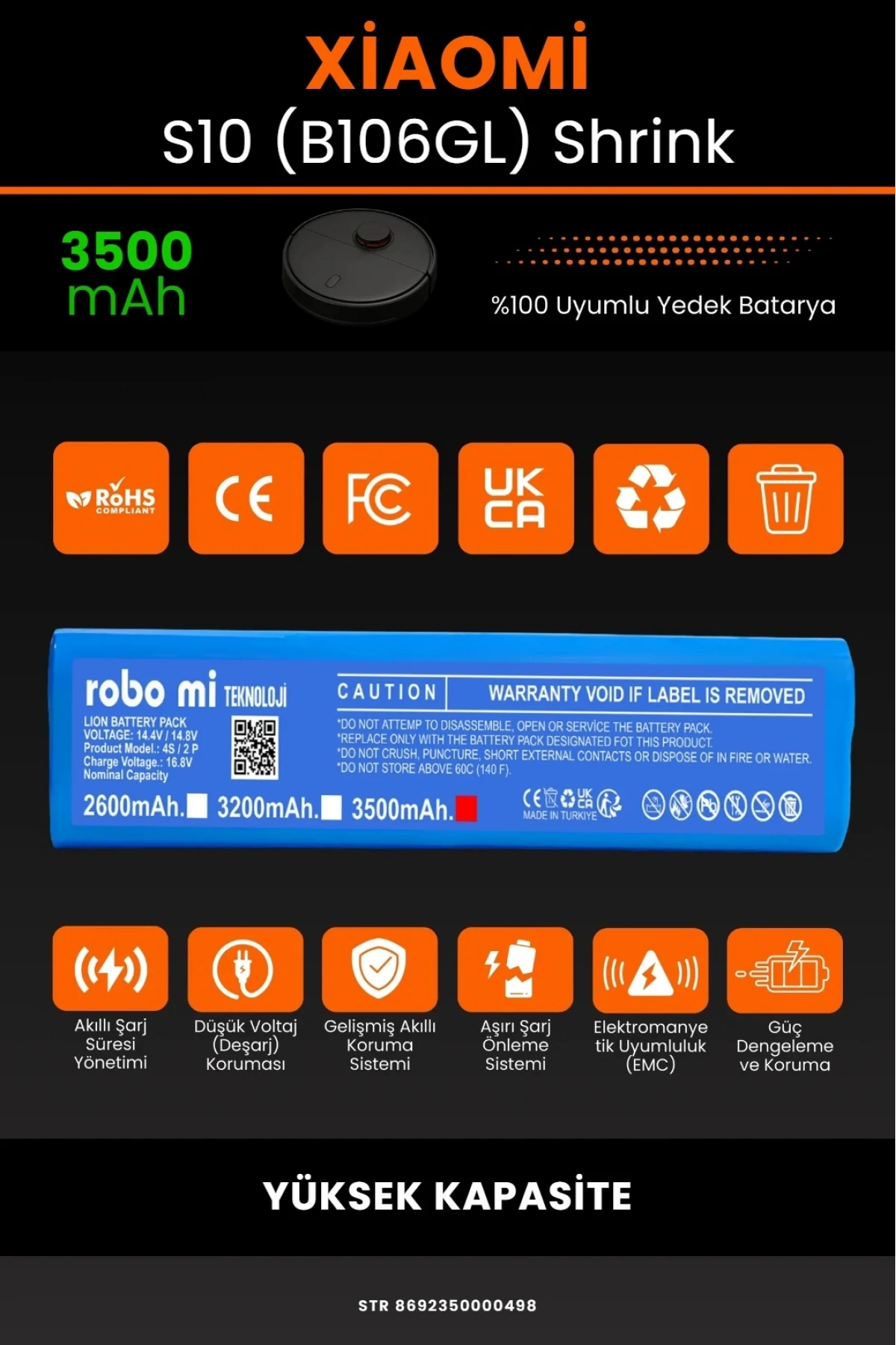 Xiaomi Robot Vacuum S10 (B106GL) Uyumlu 3500mAh Shrink Model Robot Süpürge Bataryası - Yüksek Kapasite
