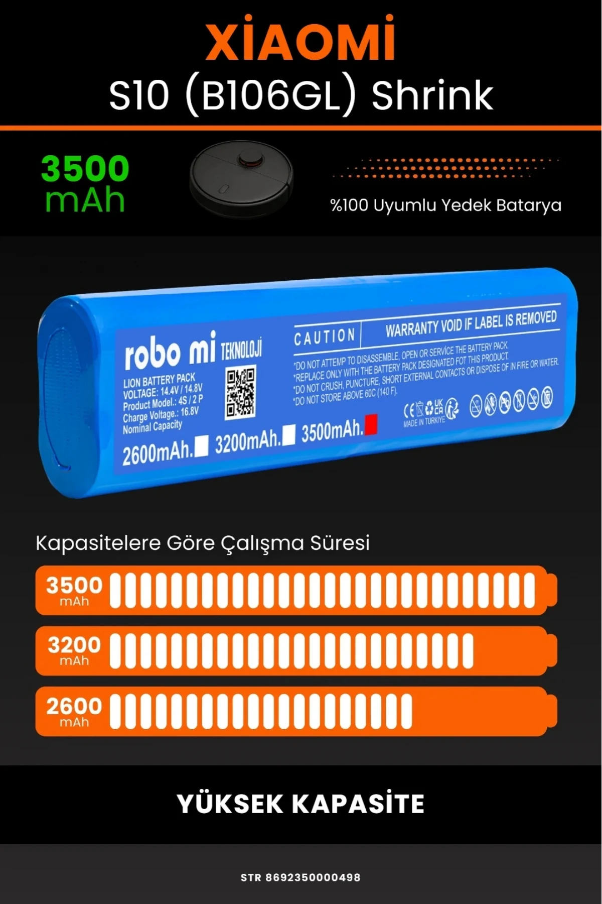 Xiaomi Robot Vacuum S10 (B106GL) Uyumlu 3500mAh Shrink Model Robot Süpürge Bataryası - Yüksek Kapasite