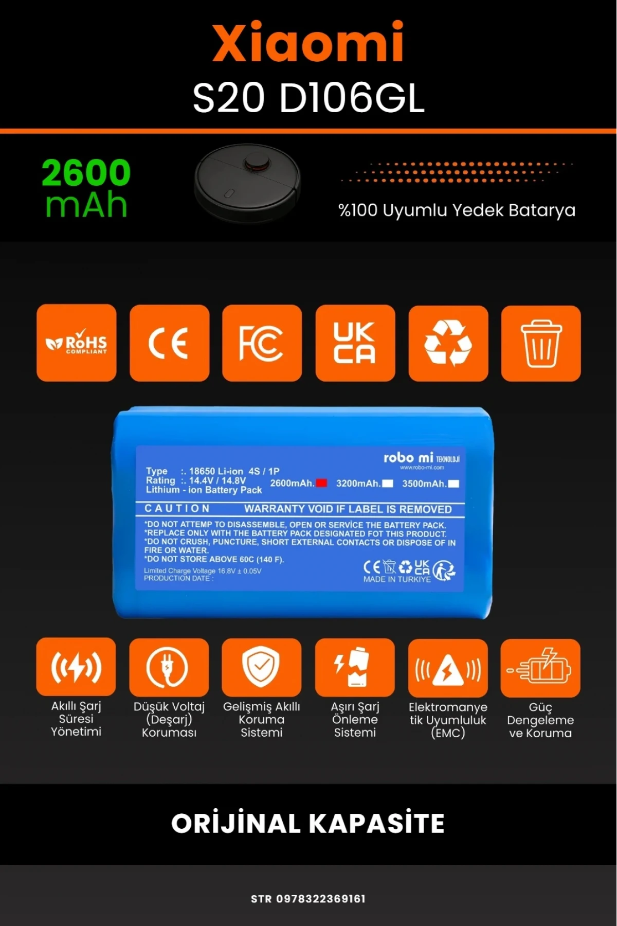 Xiaomi Robot Vacuum S20 D106GL Uyumlu 2600mAh Robot Süpürge Bataryası - Orijinal Kapasite
