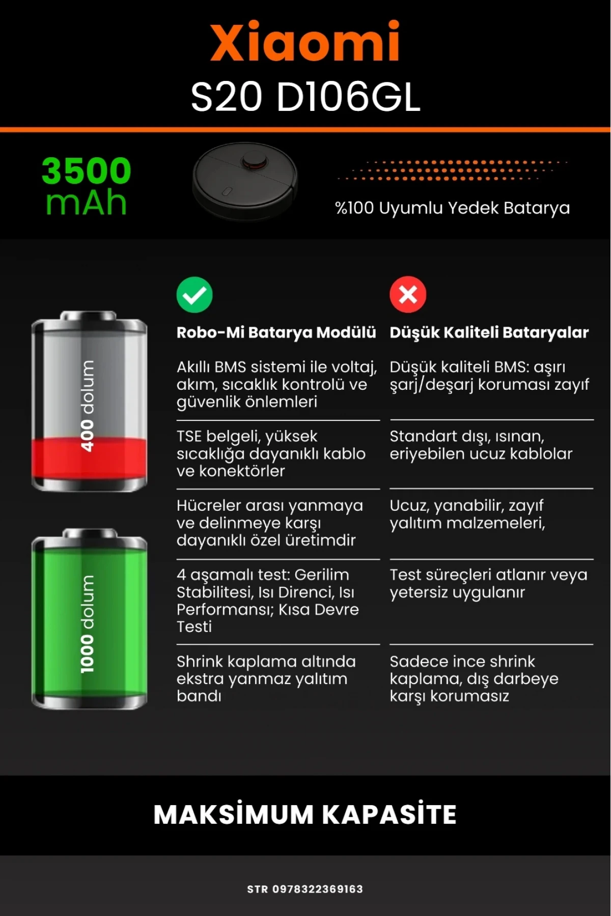 Xiaomi Robot Vacuum S20 D106GL Uyumlu 3500mAh Robot Süpürge Bataryası - Maksimum Kapasite