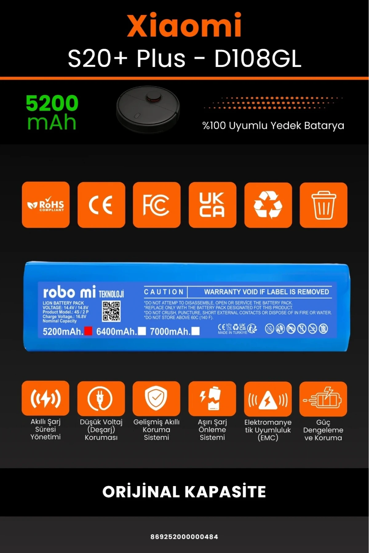 Xiaomi Robot Vacuum S20+ Plus D108GL Uyumlu 5200mAh Robot Süpürge Bataryası - Orijinal Kapasite