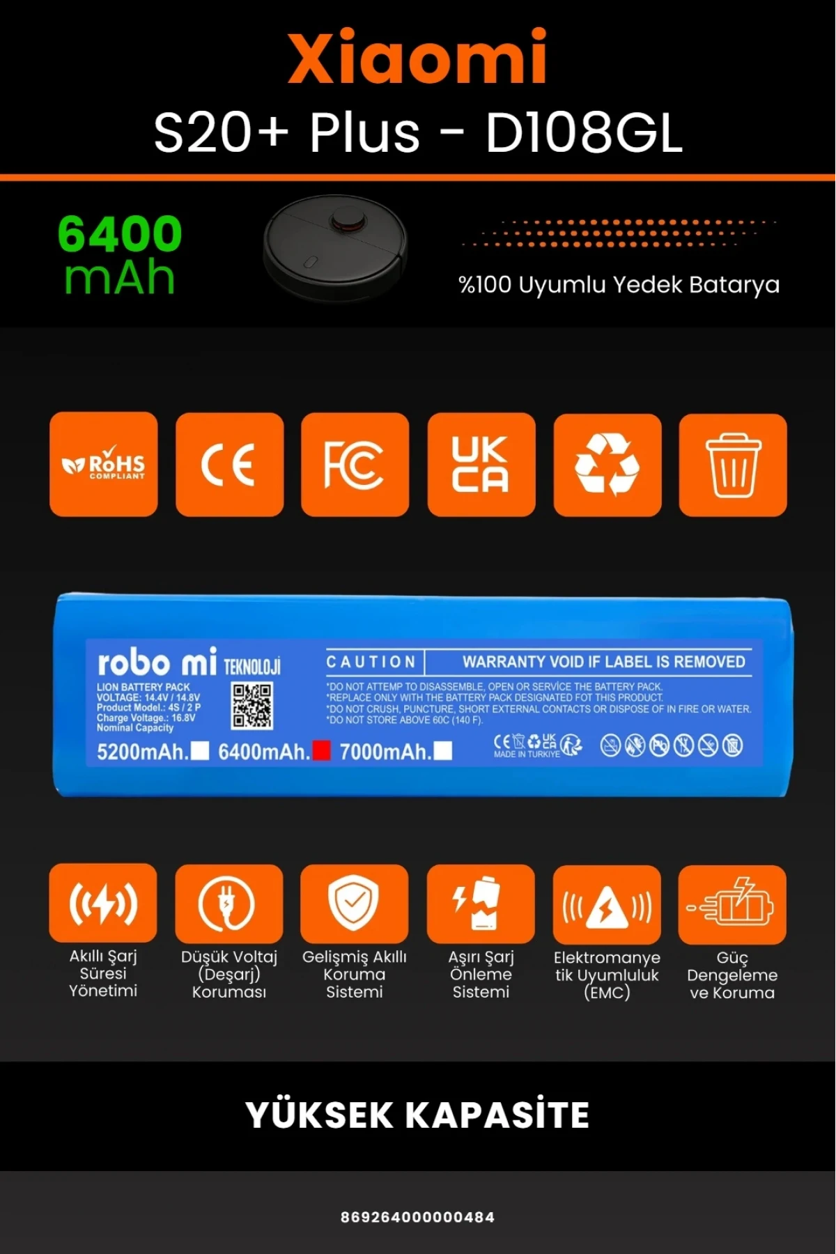 Xiaomi Robot Vacuum S20+ Plus D108GL Uyumlu 6400mAh Robot Süpürge Bataryası - Yüksek Kapasite