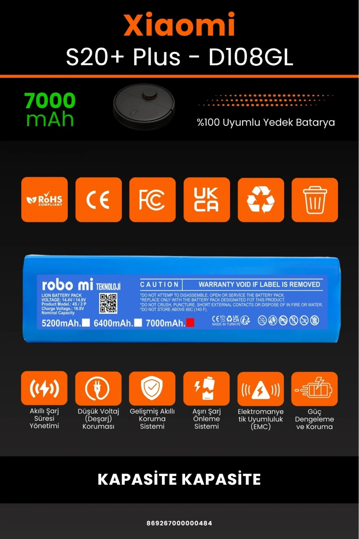 Xiaomi Robot Vacuum S20+ Plus D108GL Uyumlu 7000mAh Robot Süpürge Bataryası - Maksimum Kapasite