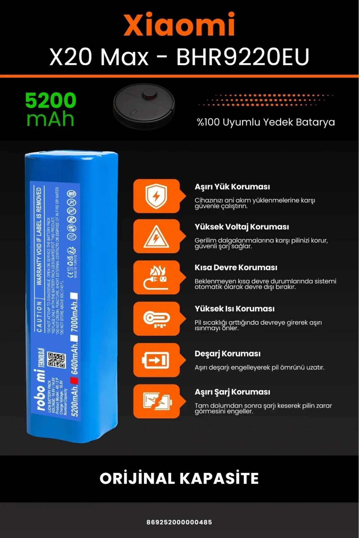 Xiaomi Robot Vacuum X20 Max BHR9220EU Uyumlu 5200mAh Robot Süpürge Bataryası - Orijinal Kapasite