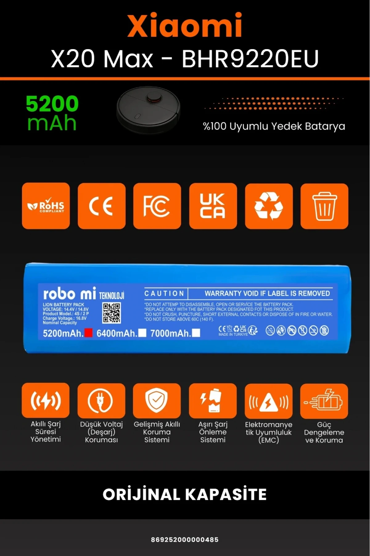 Xiaomi Robot Vacuum X20 Max BHR9220EU Uyumlu 5200mAh Robot Süpürge Bataryası - Orijinal Kapasite