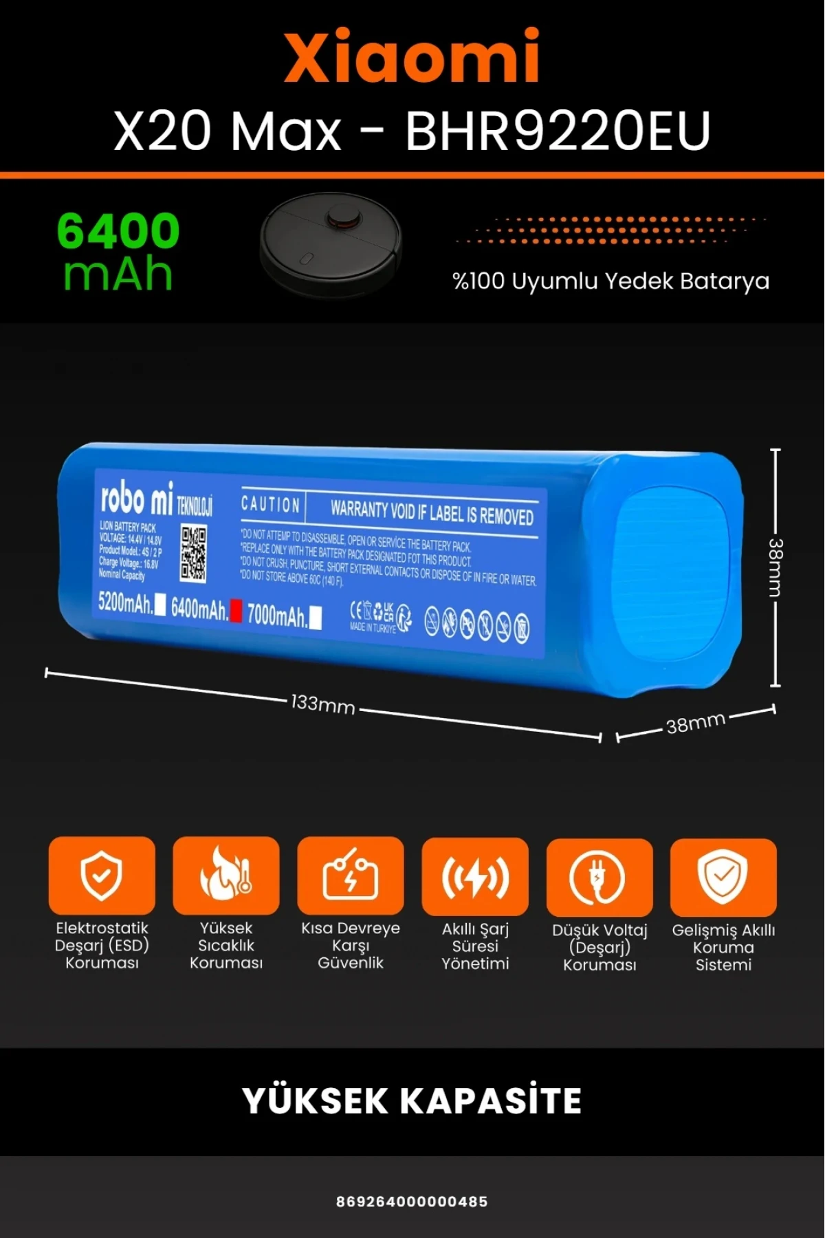 Xiaomi Robot Vacuum X20 Max BHR9220EU Uyumlu 6400mAh Robot Süpürge Bataryası - Yüksek Kapasite