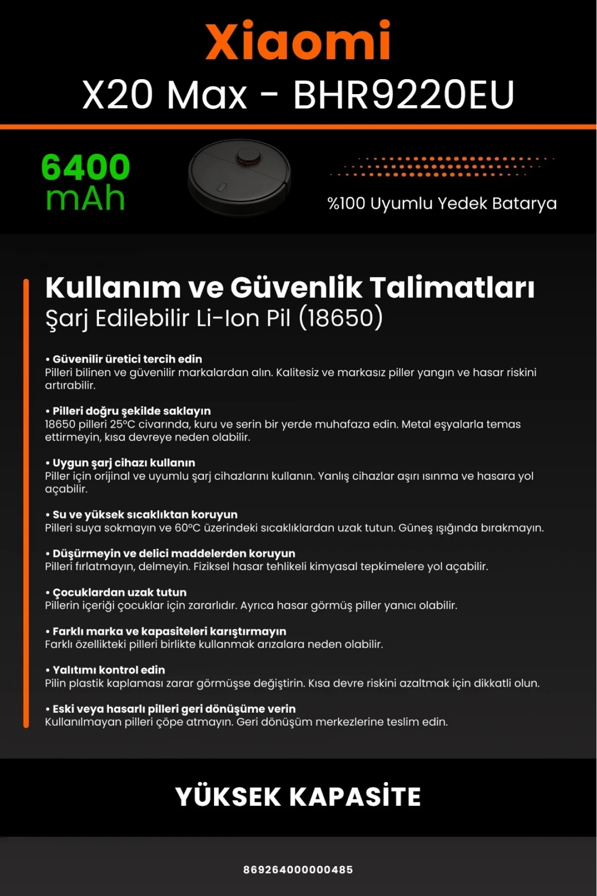 Xiaomi Robot Vacuum X20 Max BHR9220EU Uyumlu 6400mAh Robot Süpürge Bataryası - Yüksek Kapasite