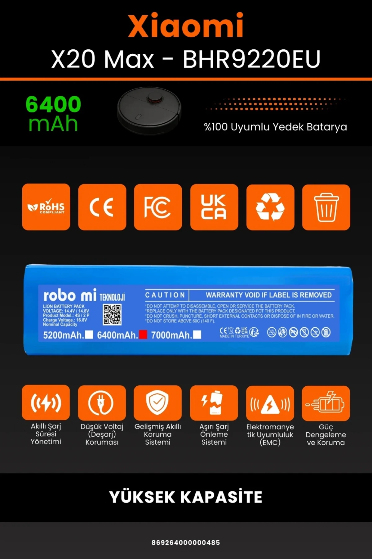 Xiaomi Robot Vacuum X20 Max BHR9220EU Uyumlu 6400mAh Robot Süpürge Bataryası - Yüksek Kapasite