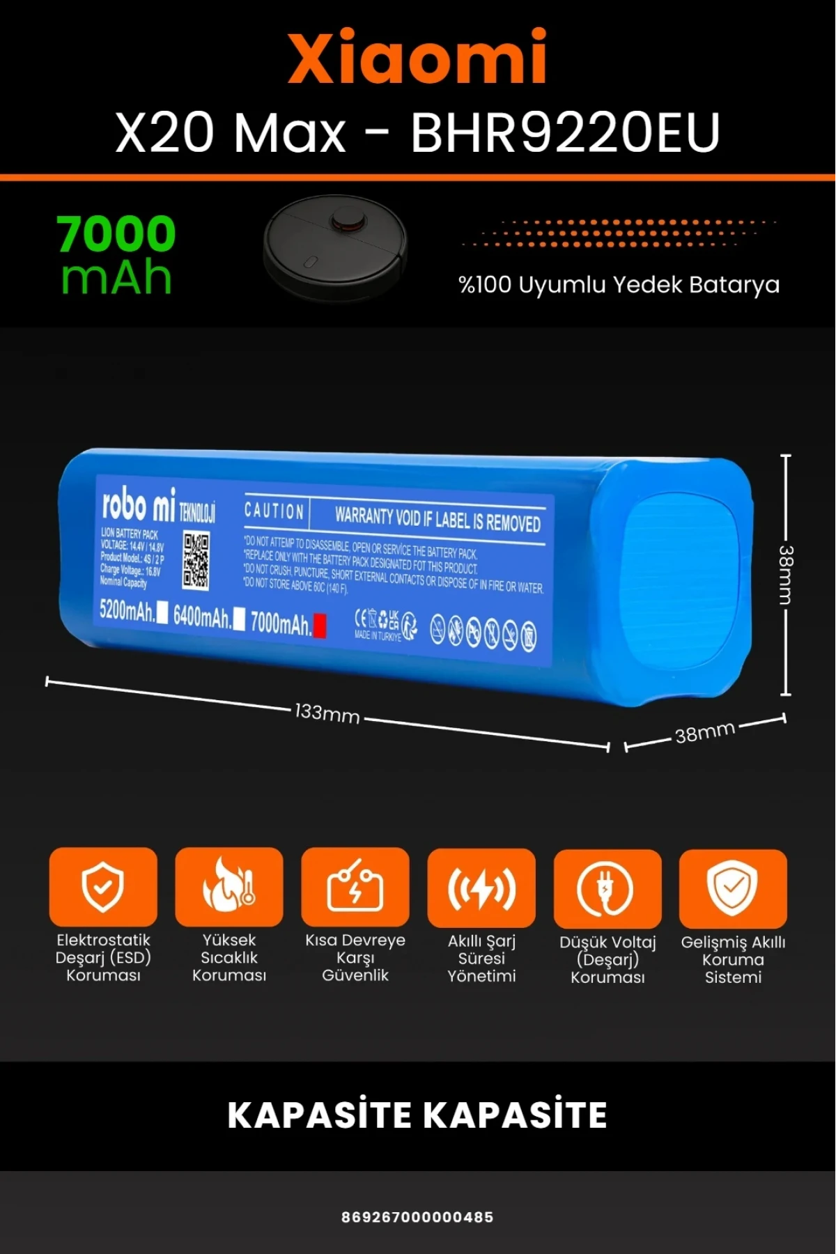 Xiaomi Robot Vacuum X20 Max BHR9220EU Uyumlu 7000mAh Robot Süpürge Bataryası - Maksimum Kapasite