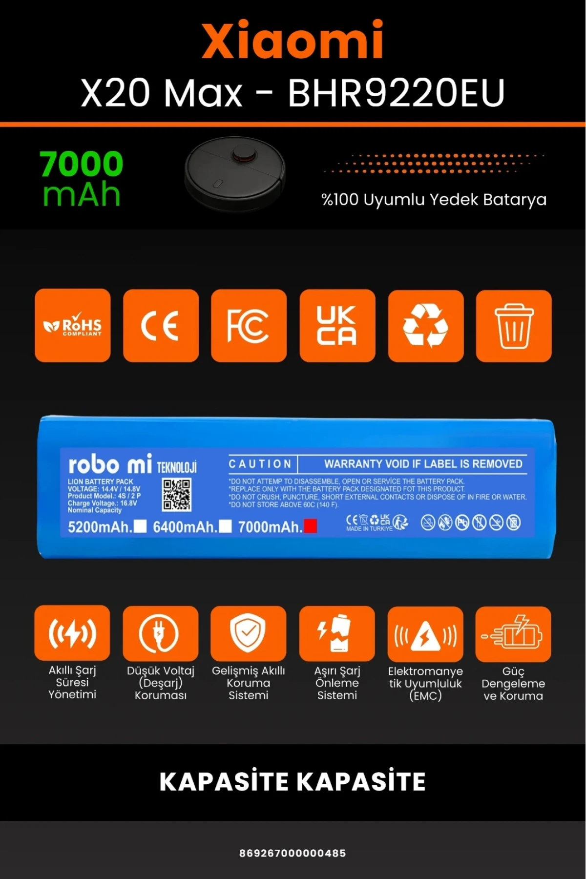 Xiaomi Robot Vacuum X20 Max BHR9220EU Uyumlu 7000mAh Robot Süpürge Bataryası - Maksimum Kapasite
