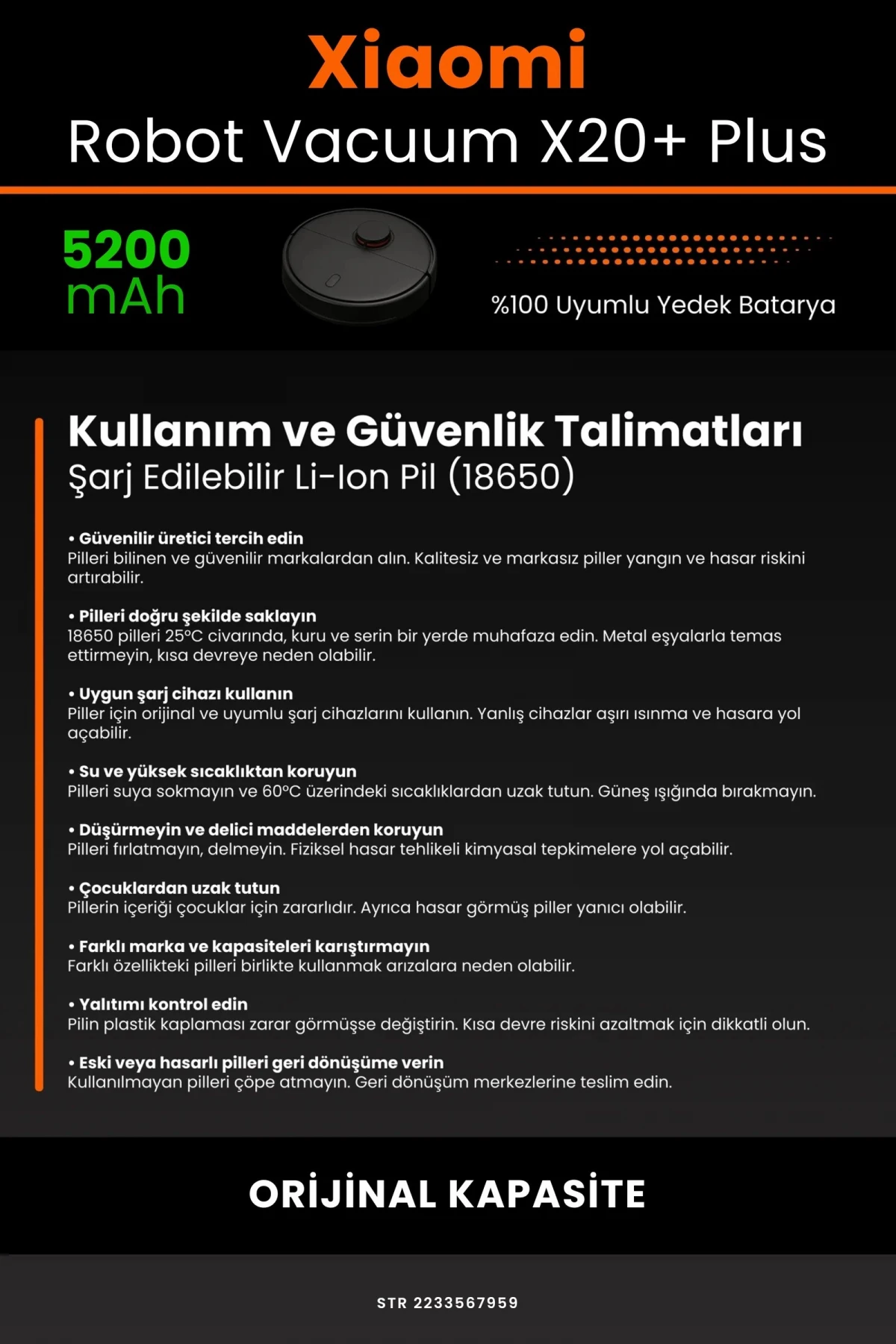 Xiaomi Robot Vacuum X20+ Plus 5200mAh Robot Süpürge Bataryası - Gerçek Kapasite, Maksimum Güvenlik