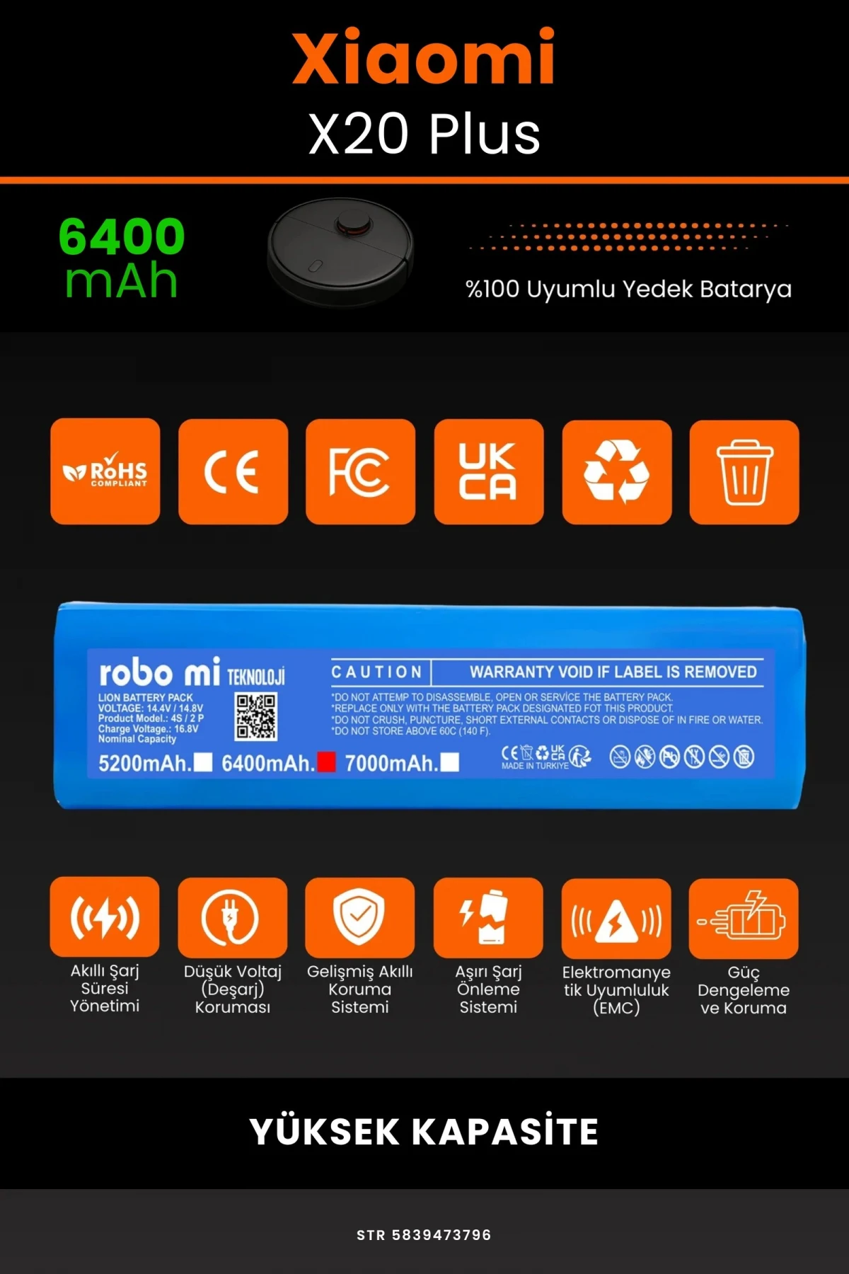Xiaomi Robot Vacuum X20+ Plus 6400mAh Robot Süpürge Bataryası - Gerçek Kapasite, Maksimum Güvenlik